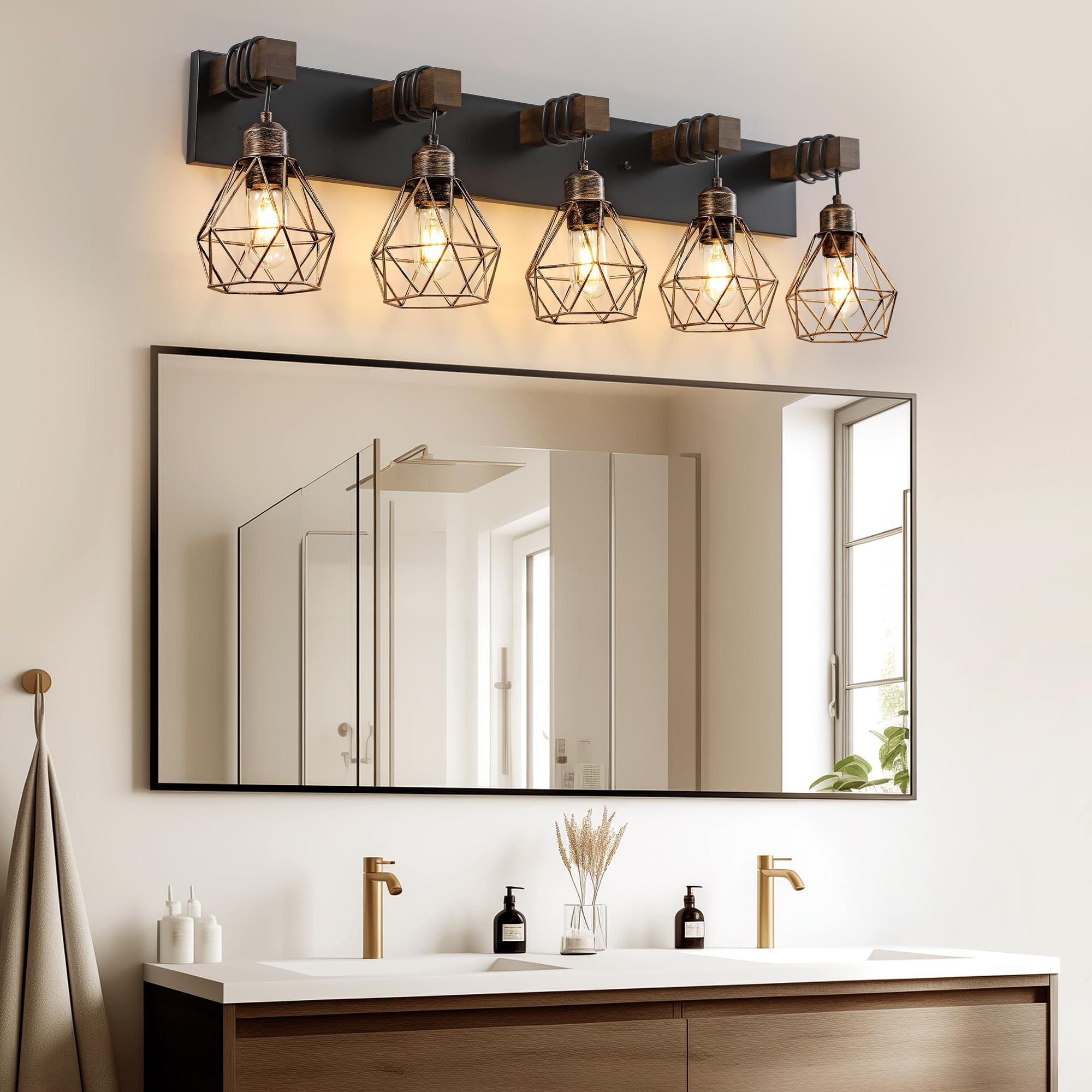 Farmhouse Bathroom Light Fixtures, 5-Light Bathroom Lighting Fixtures Over Mirror, Rustic Wood Black Gold Vanity Lights Wall Sco