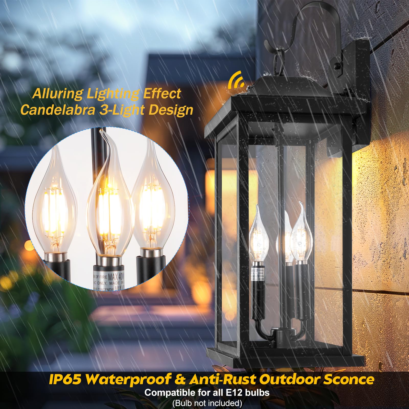 Roravilila 2-Pack Dusk to Dawn 23" Outdoor Wall Lights, Matte Black, IP65 Waterproof, E12, 3-Light Modern Lanterns