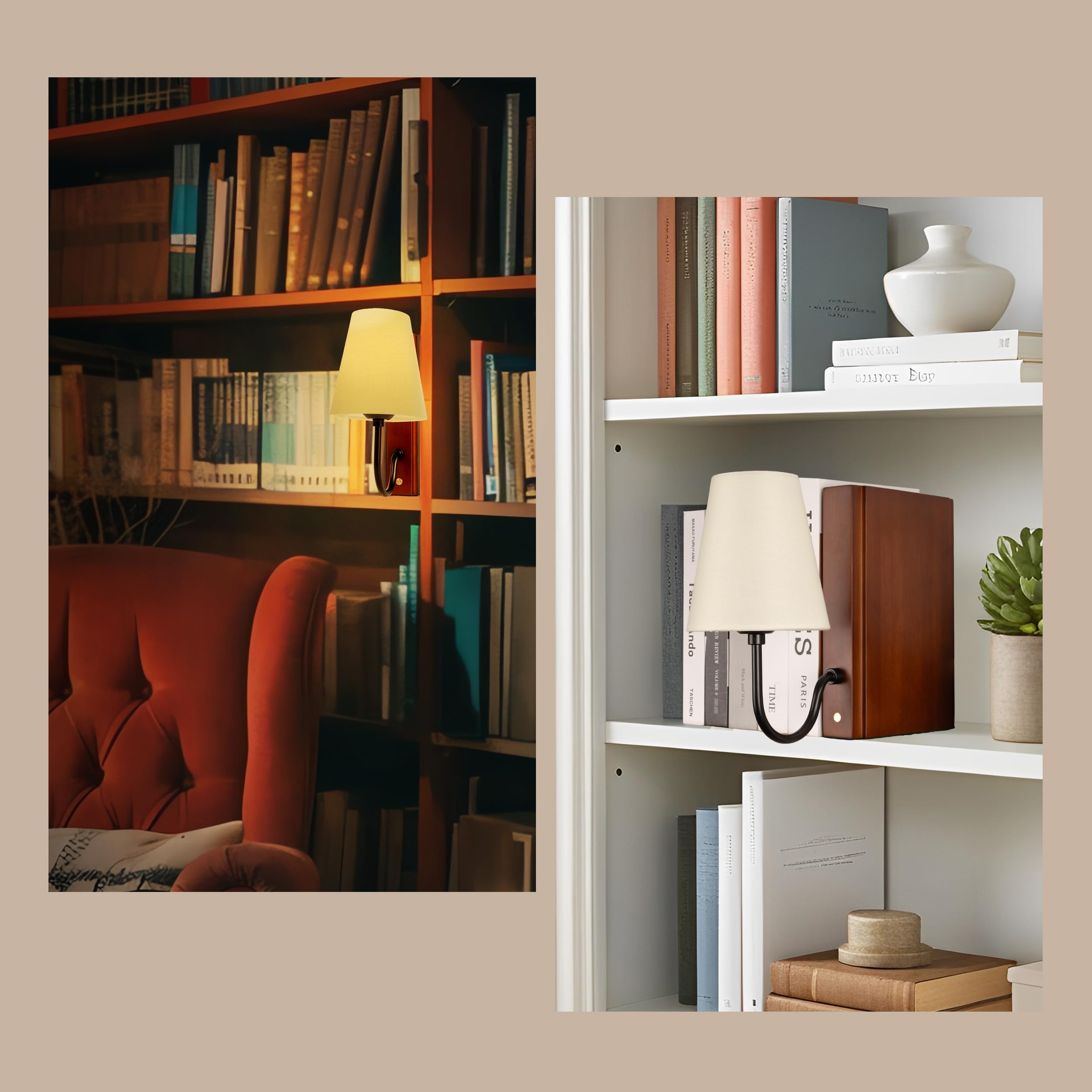 AELS Wooden Bookshelf Lamp, 3-Color Dimmable Touch Control, Table Lamp with Linen Shade, Plug-in Model, Dark Brown, Model SL0964