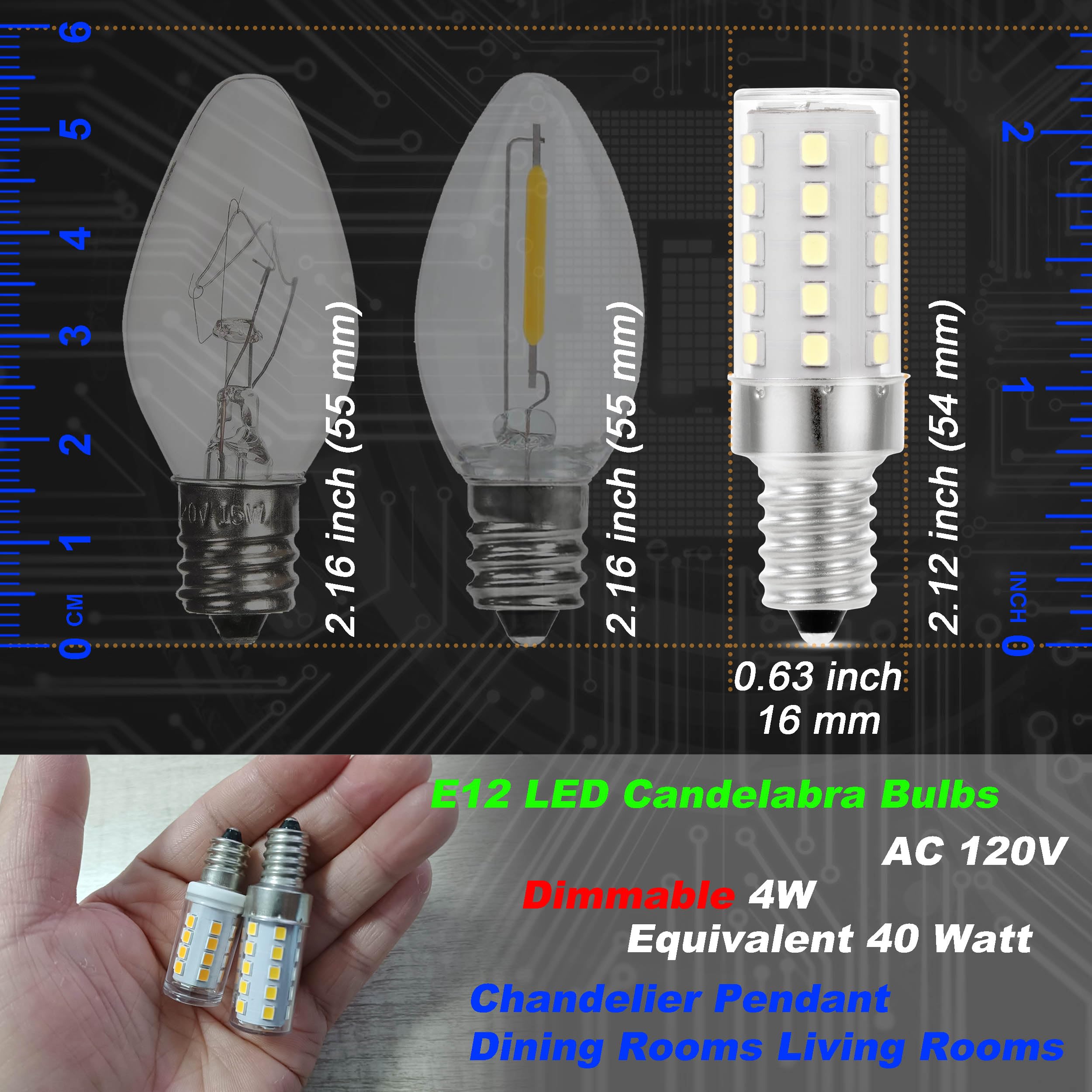 Hylroe E12 Candelabra Led Light Bulbs Dimmable 4W Equivalent 40 Watt 450Lm 6000K Bright Daylight White Candle Bulbs For Chandeli