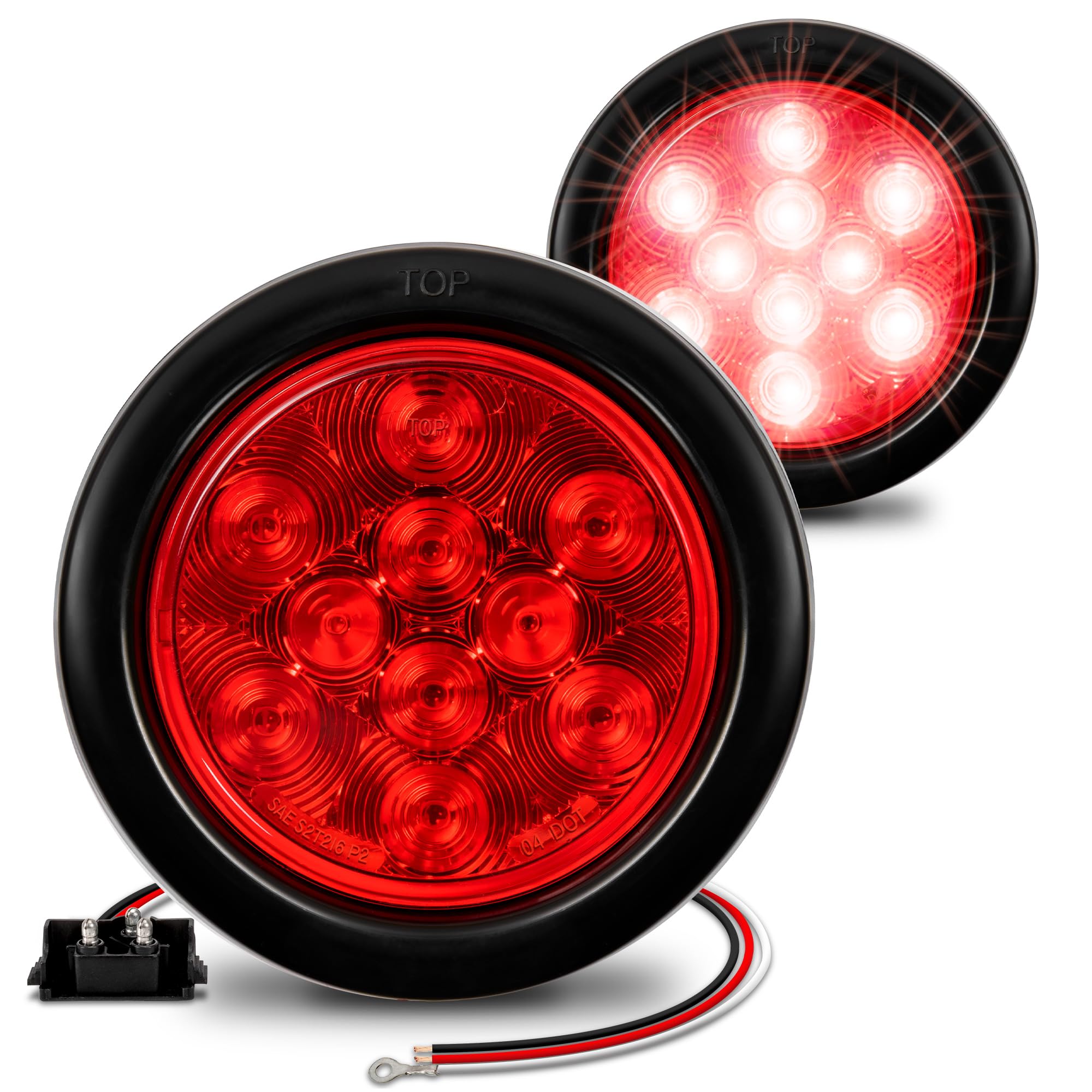 True Mods 2Pc 4'' Round Red 10 Led Trailer Tail Lights [Dot Fmvss 108] [Sae S2T2I6P2] [Grommet & Plug] [Ip67 Waterproof] Turn St