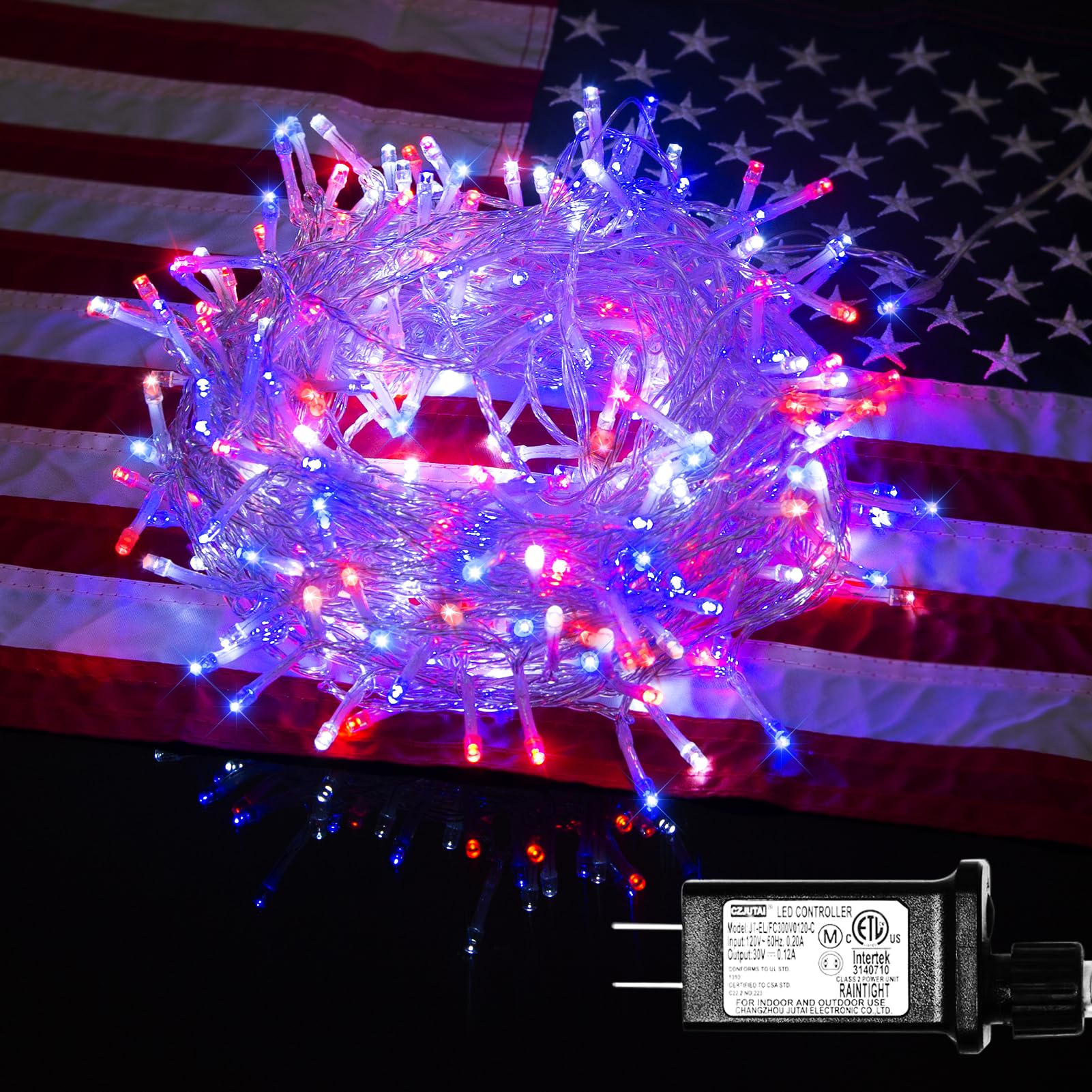 ILLUMINEW 4th of July Decorations 300 LED Red White and Blue String Lights Plug-in, 8 Modes 108ft Independence Day Fairy Lights 