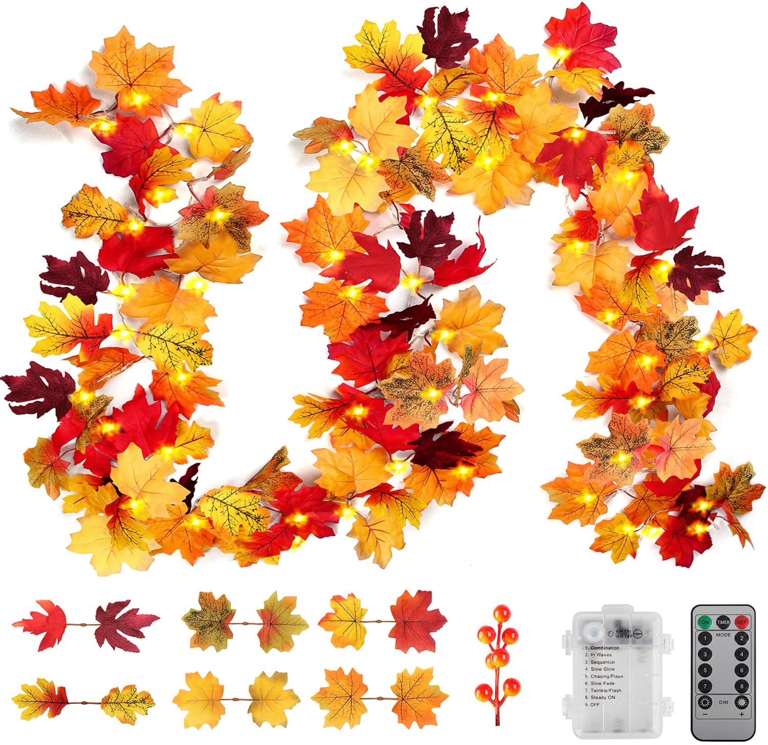 AKIT Lighted Fall Garland 45 LED Outdoor String Lights 15.7FT Waterproof Battery Operated Mix Leaves Model WEH-24FYD-LK6S