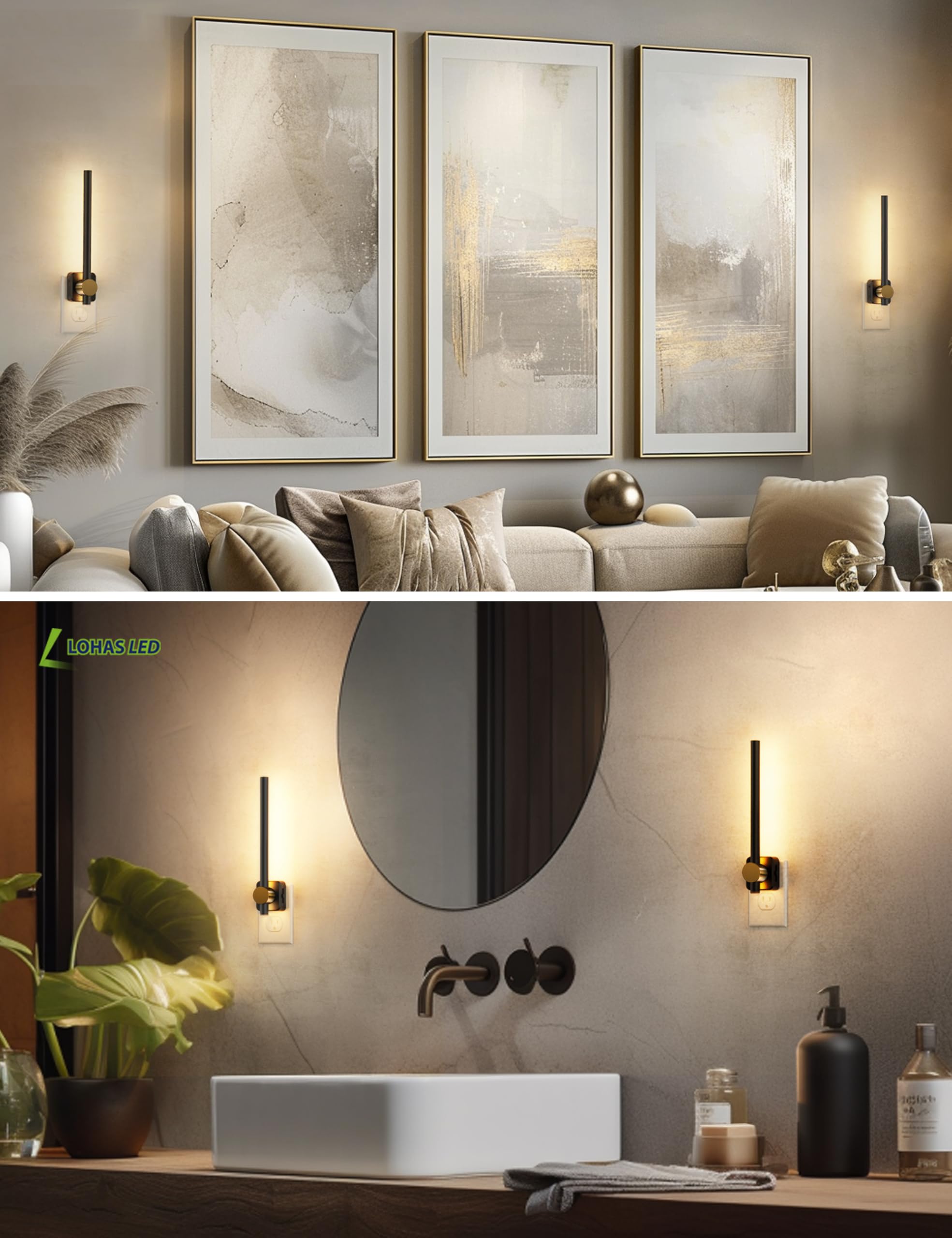 L Lohas Led Night Light, Night Lights Plug Into Wall, Dimmable Night Light 0-200Lm, Nightlight Black And Gold Vanity Light Bar F