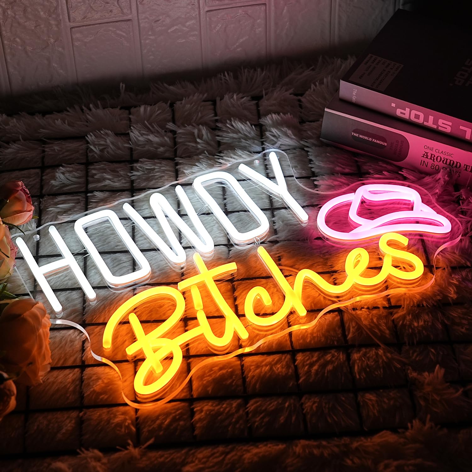 LMSIGNLY LED Neon Sign - Howdy Bitches Model, USB Dimmable, Acrylic Material, White Yellow Pink Color, Perfect for Dorm Decor