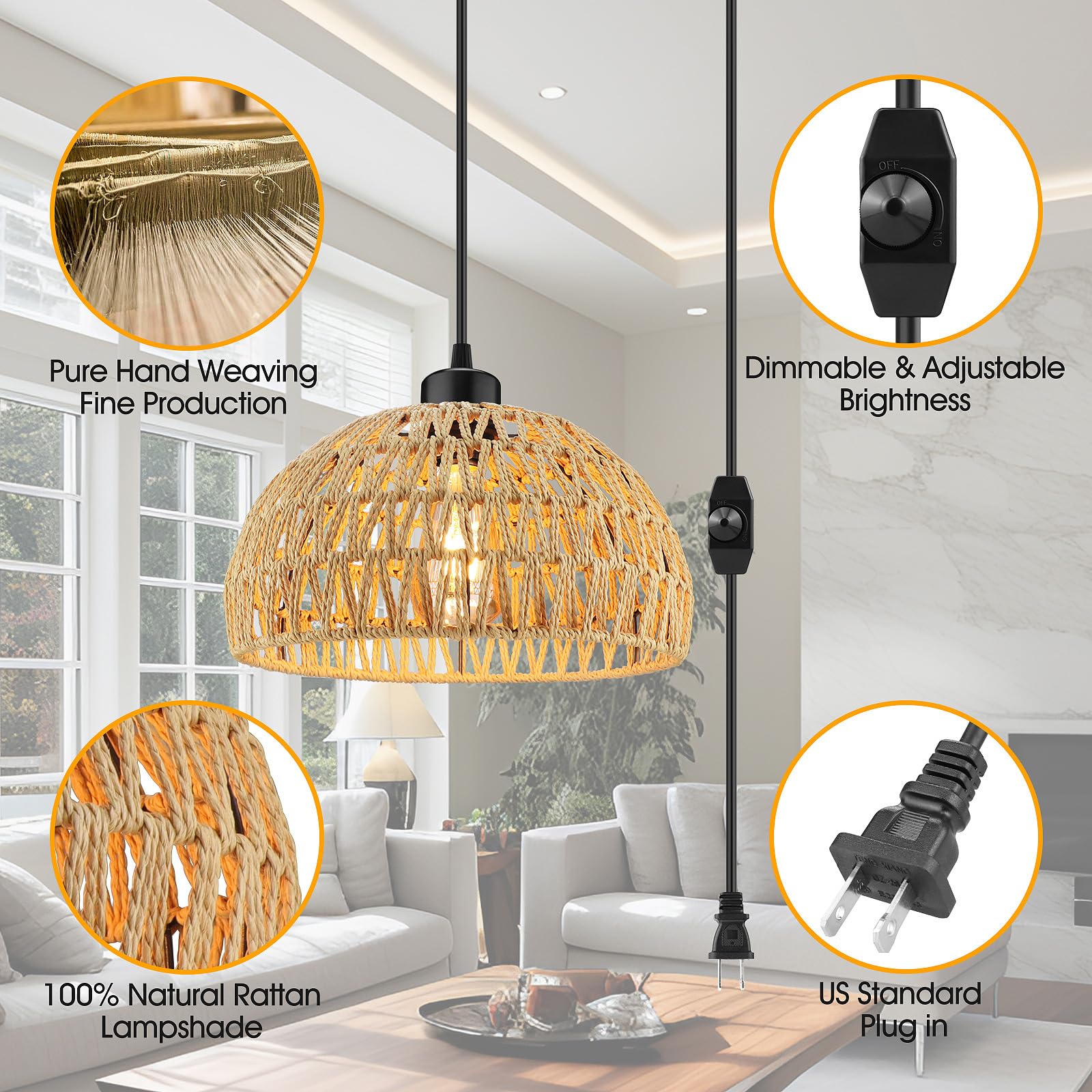 Plug In Pendant Light, 15Ft Hemp Rope Cord,Hanging Light With Plug In Cord Dimmable Switch Rattan Hanging Lamp Wicker Woven Basket Lampshade, Industrial Plug In Ceiling Light Fixture For Kitchen Brown