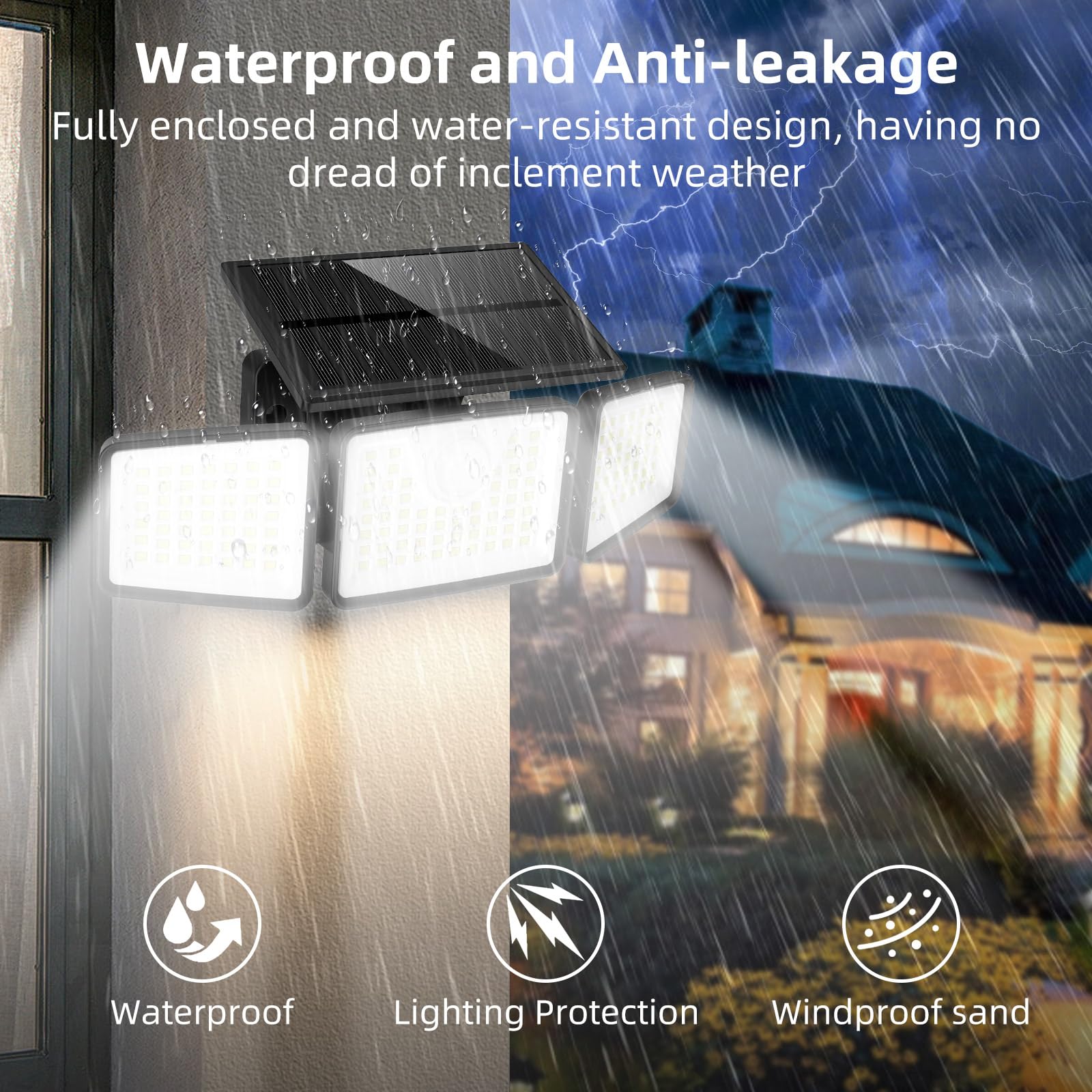 daphino Solar Lights Outdoor 2500LM with Motion Sensor, 3 Head 270° Wide Angle, IP65 Waterproof, Non-Remote, Black, 3 Pcs