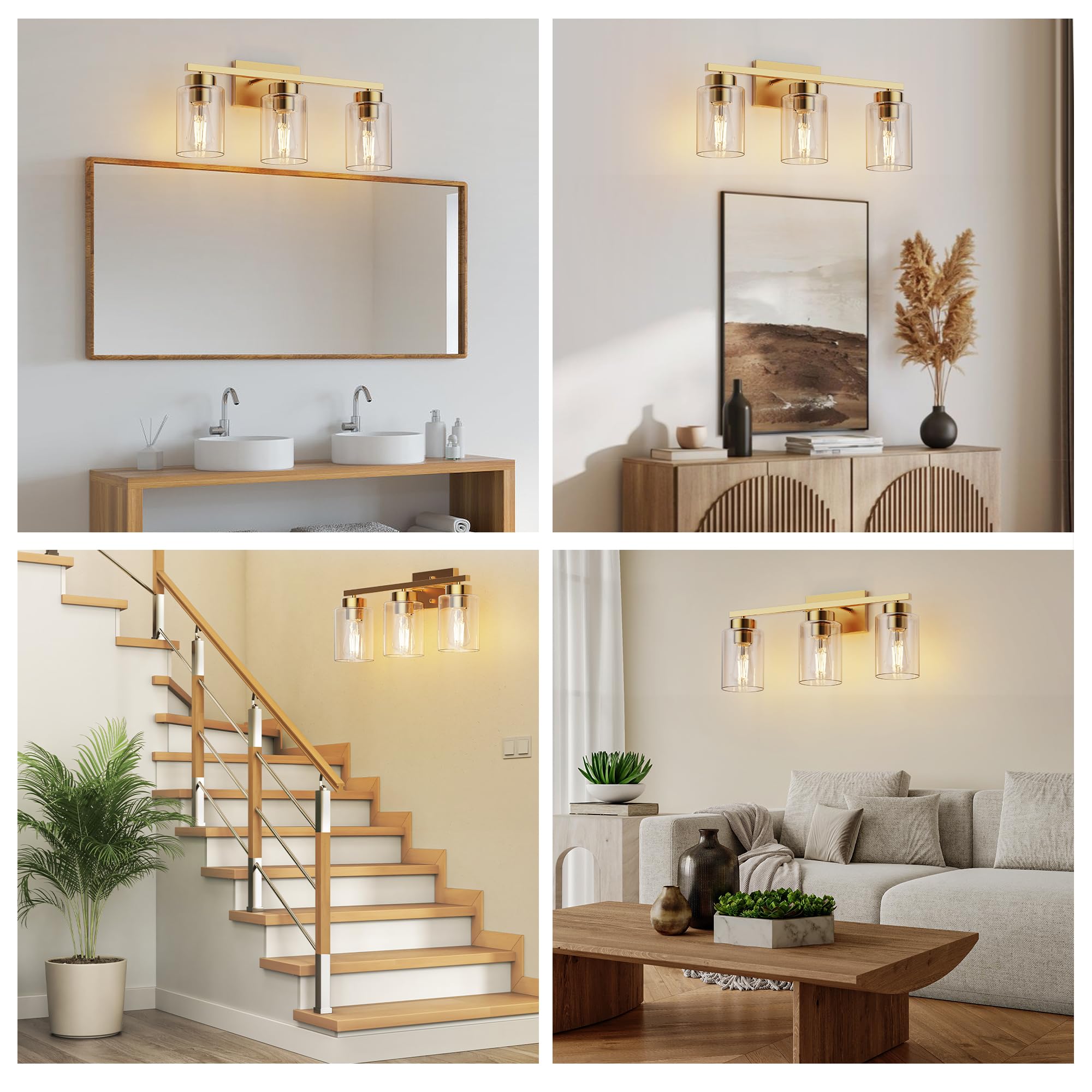 Partphoner 3-Light Bathroom Light Fixtures  Brushed Gold Vanity Light With Clear Glass Shade  Modern Wall Sconce For Mirror Bedroom Living Room Hallway Lighting