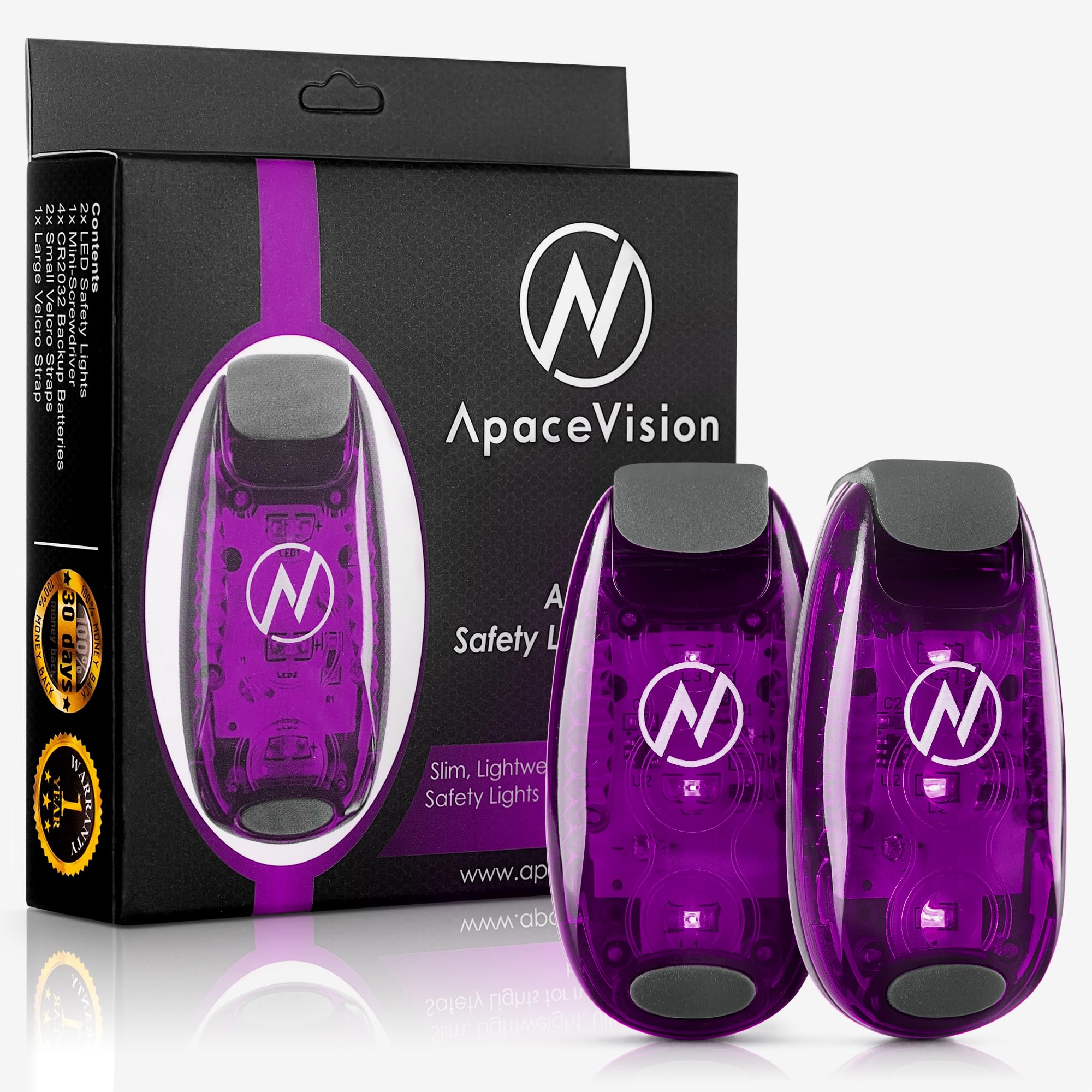 Apace Vision LED Safety Light - Clip On Strobe Running Lights, Purple, Model AVSL1000, High Visibility for Runners, Dogs, Bikes, and More