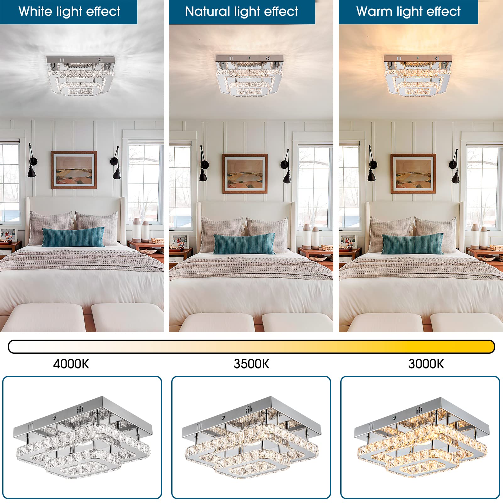 Dsliting Modern Chandelier, Small Flush Mount Led Crystal Lighting Fixture, Rectangle Chandelier For Bedroom, Hallway, Kitchen,