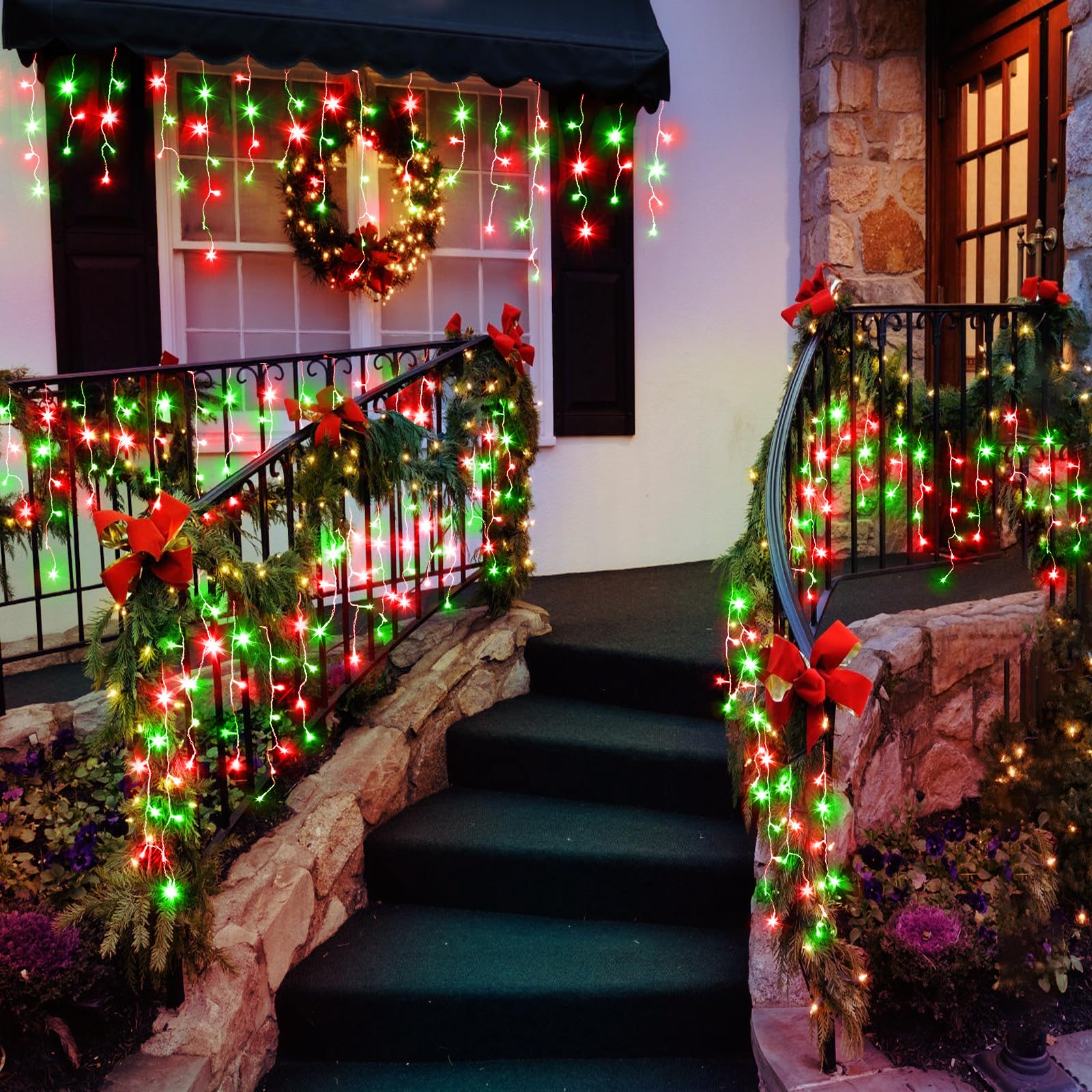 66Ft Icicle Lights For Outside, Red And Green Christmas Lights Outdoor Indoor, 640 Led Twinkle String Lights With 120 Drops, Cle