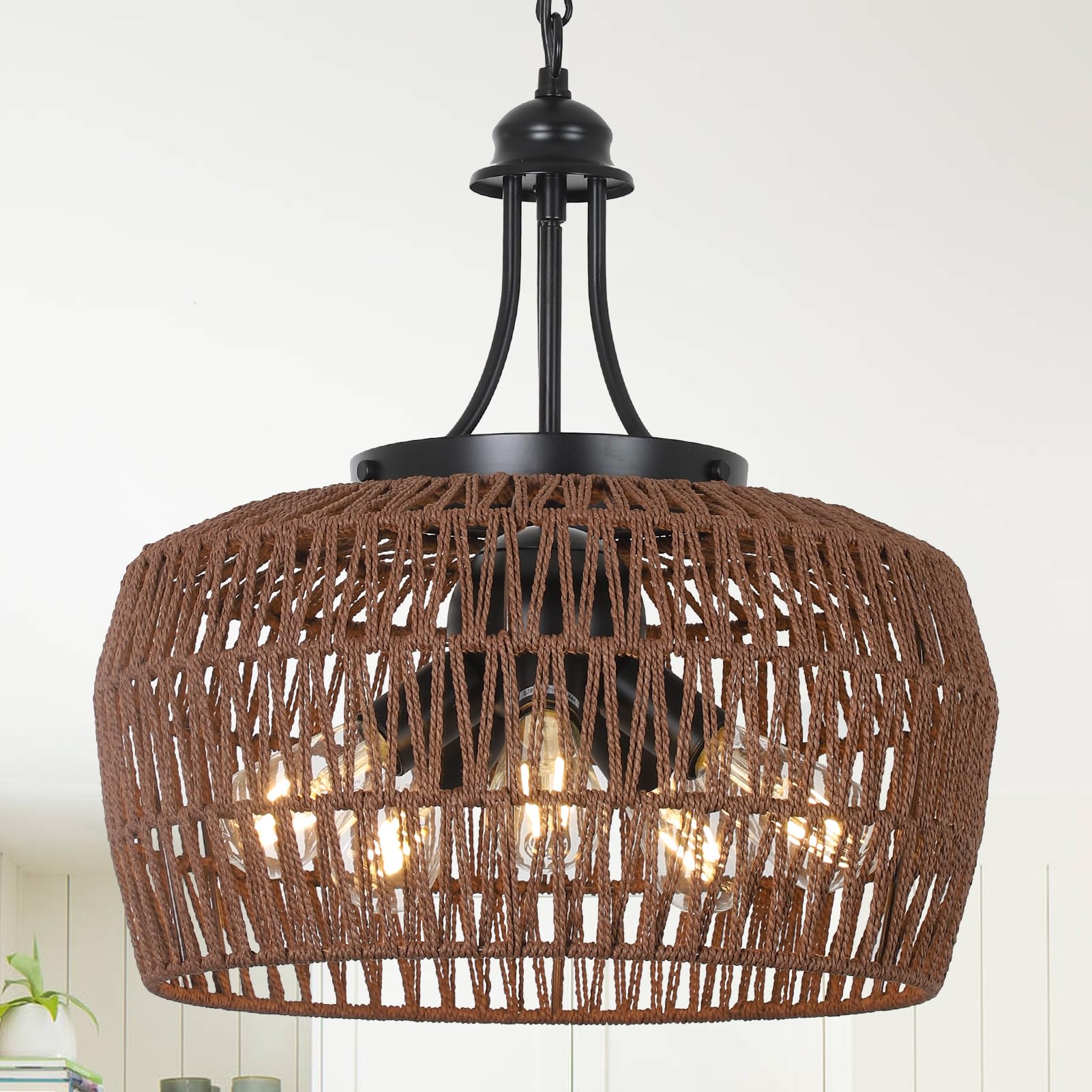 Hmvpl Coffee Rattan Chandeliers For Dining Room, 5-Light Coastal Chandelier With Wicker Lampshade, Large Farmhouse Light Fixture