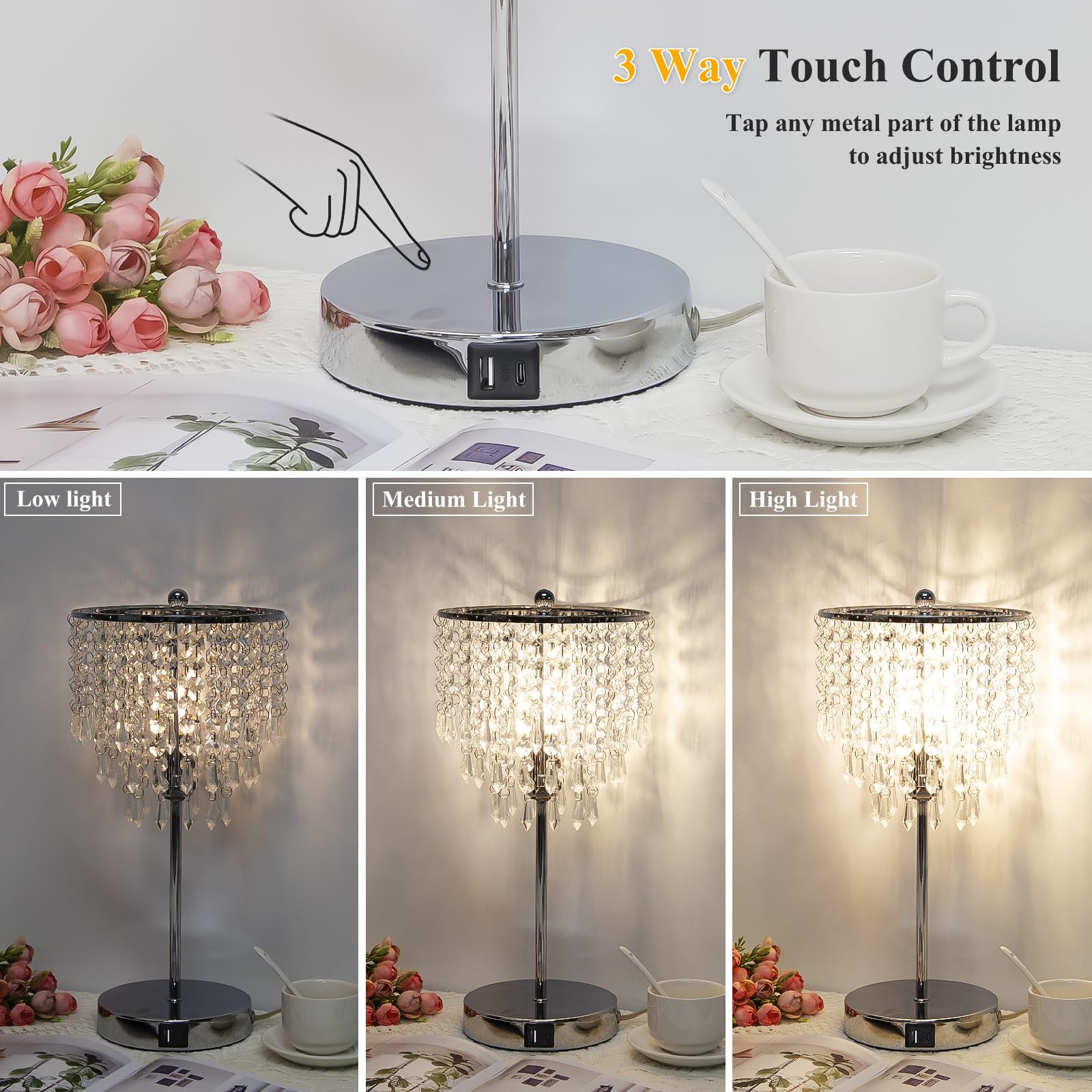 Seaside Village Touch Control Crystal Table Lamp, 3-Way Dimmable, USB Ports, Silver, Model 13047, B11 LED Bulb Included