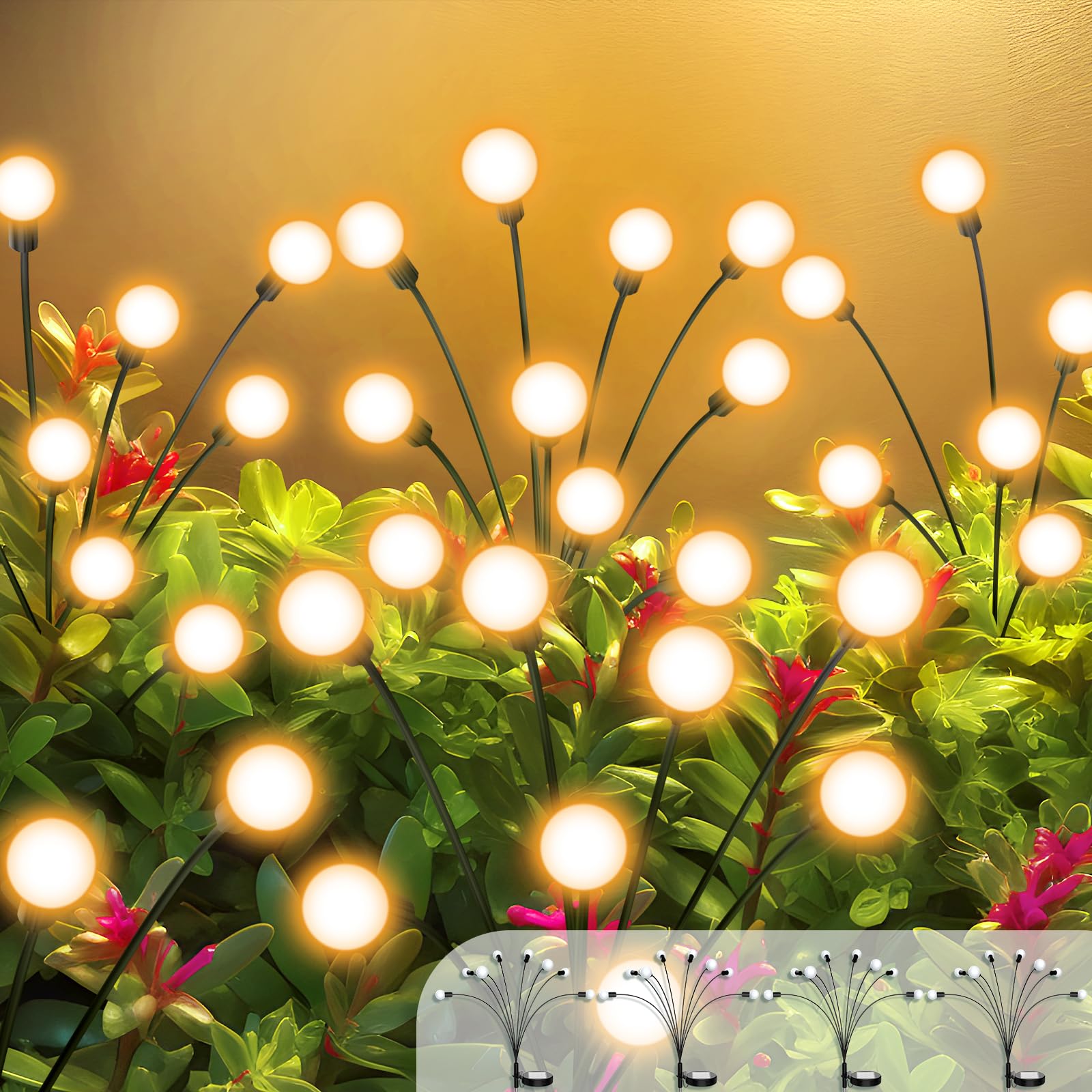 ULAIYO Solar Garden Lights, 8 LED Warm White Outdoor Firefly Lights, Waterproof, 4 Pack, Model ULAIYO5