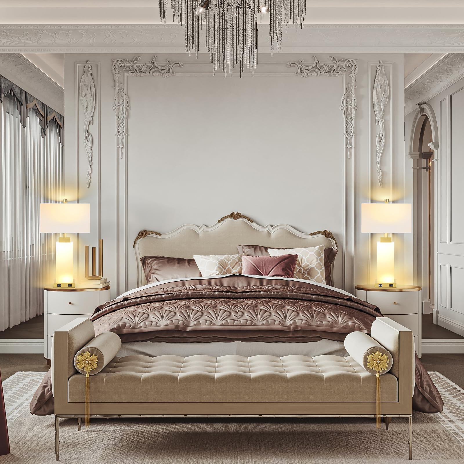 Velxee Table Lamps Set Of 2, 3 Way Dimmable Real Marble Modern Coastal Nightstand Bedside Lamps With 2 Usb Ports 1 Ac Outlet For