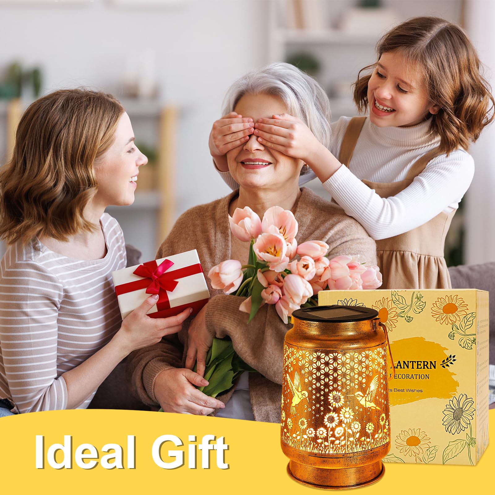 Solar Lanterns Outdoor with Shepherd Hook Waterproof Hummingbird Sunflower Garden Decor, LED Hanging Lights Metal Decor for Yard