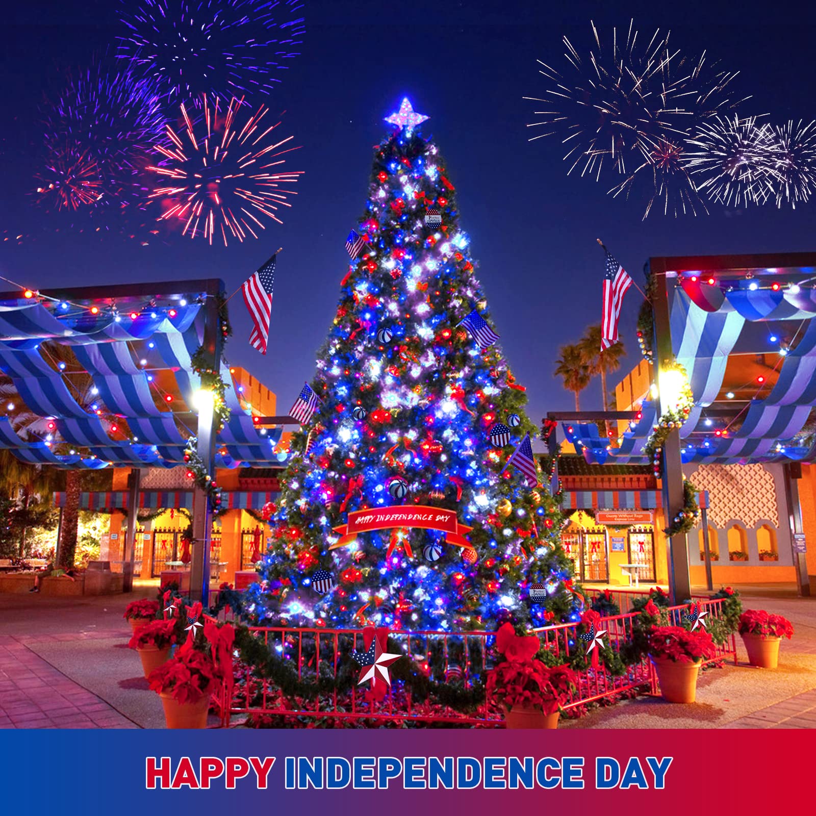 Jmexsuss 2 Pack Red White And Blue Solar Lights 100Led 33Ft Patriot Solar String Lights Waterproof, 8 Modes 4Th Of July Lights For Independence Day, Gardens, Tree, Outdoor 4Th Of July Decorations