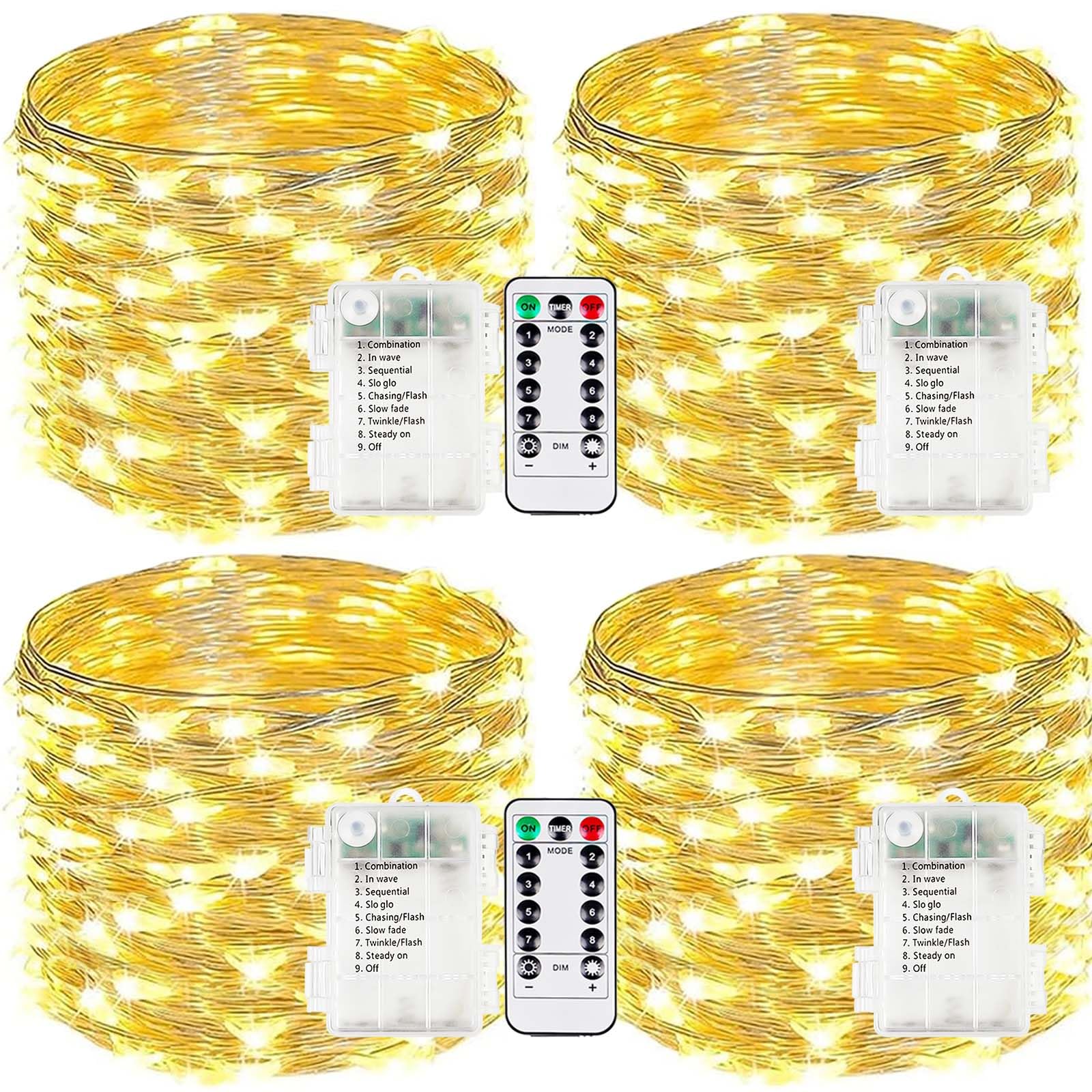 EXF 4-Pack Fairy Lights, 100 LED Battery Operated, Remote Control, Waterproof, 33FT, Warm White, Model YHY-BO50LED