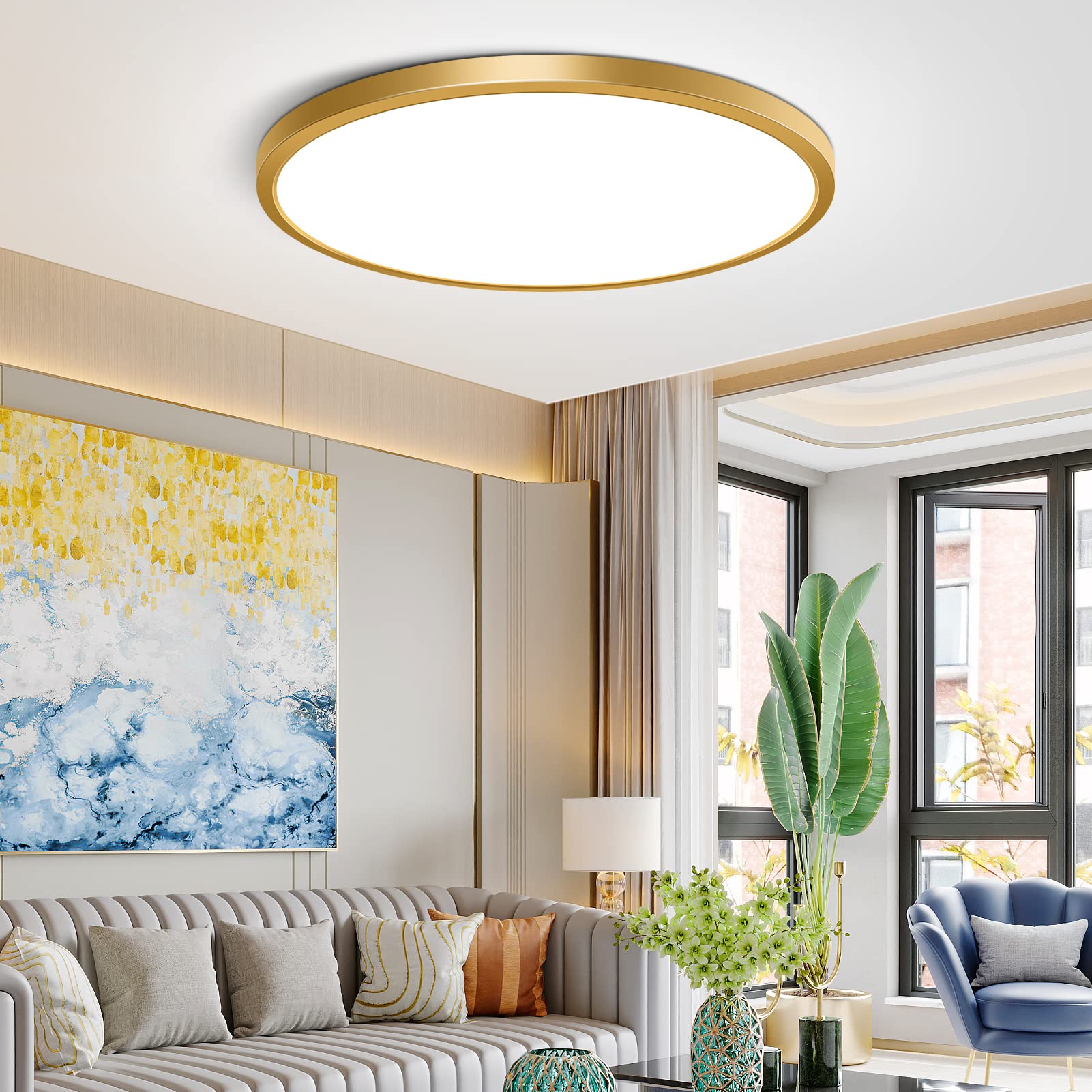 12Inch Ceiling Light Fixture Flush Mount Led, 24W(240W Equivalent), 3200Lm, 5000K Daylight White, Ip40, Flat Modern Round Ceiling Lights For Bedrooms, Living Rooms, Bathrooms, Stairwells, Etc.(Gold)