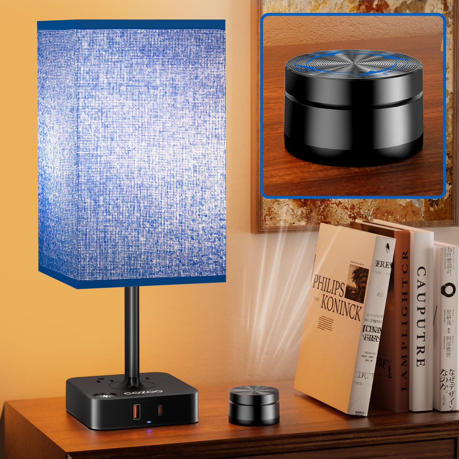 Bedside Lamp & Desk Lamp With Remote  Touch Control  Usb-C/A Ports + Outlets | Blue Fabric Shade Nightstand Table Lamp For Bedroom  Living Room Lighting | Cute Modern Boho Lamp With Charging Station