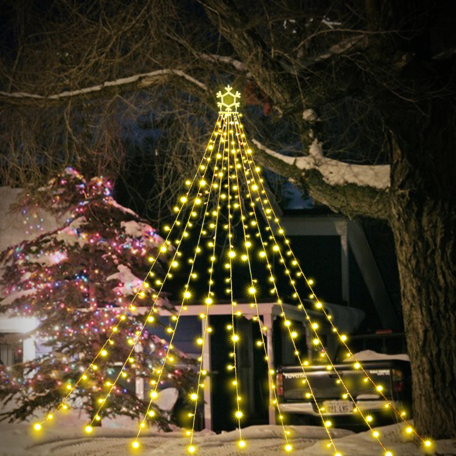 Puhong 320 Led Christmas Lights, 16.4Ft Waterproof Fairy Lights With Lighted Snowflake - Warm White