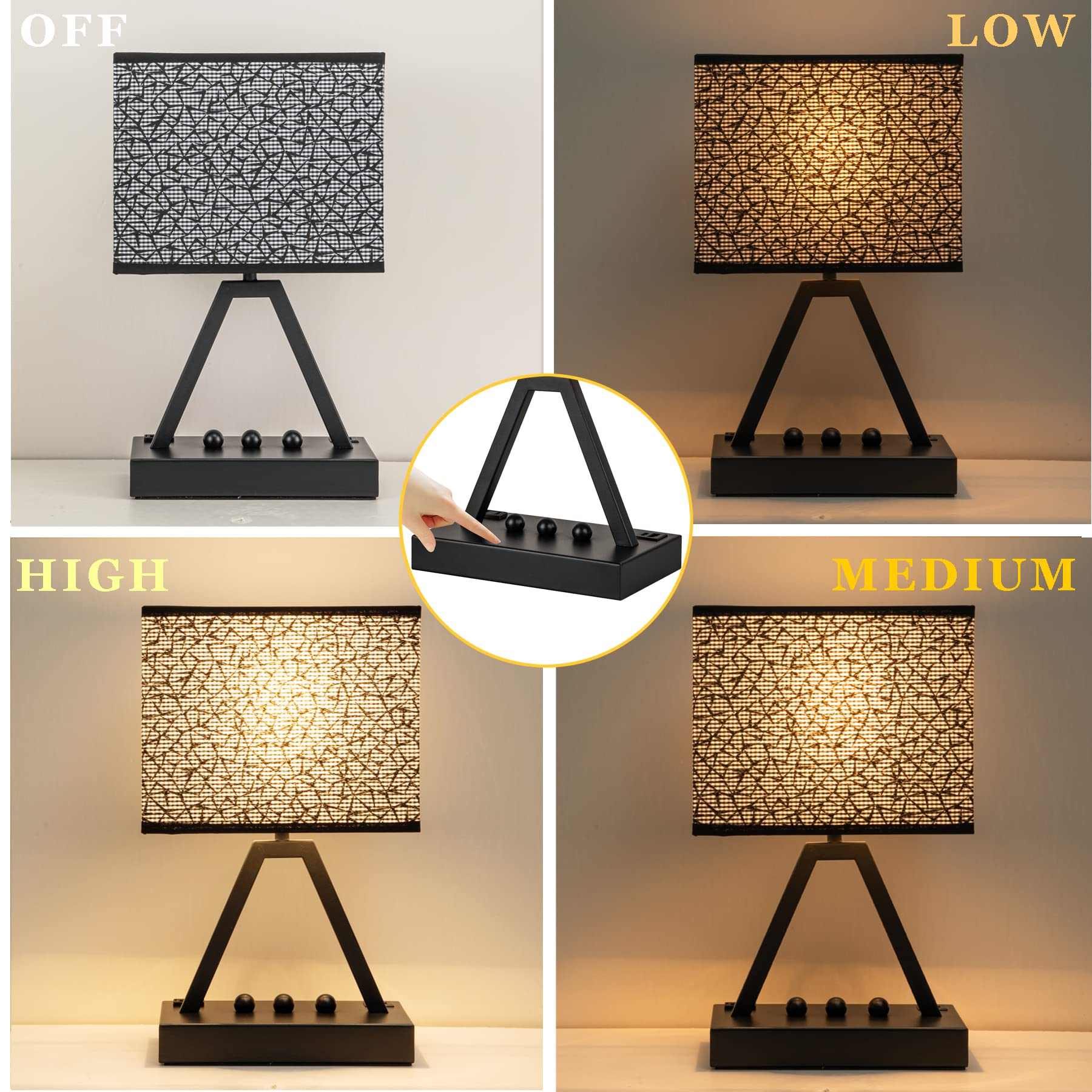 Briever USB C Touch Control Table Lamp, 3-Way Dimmable, Black Shade, Metal, LED Bulb Included