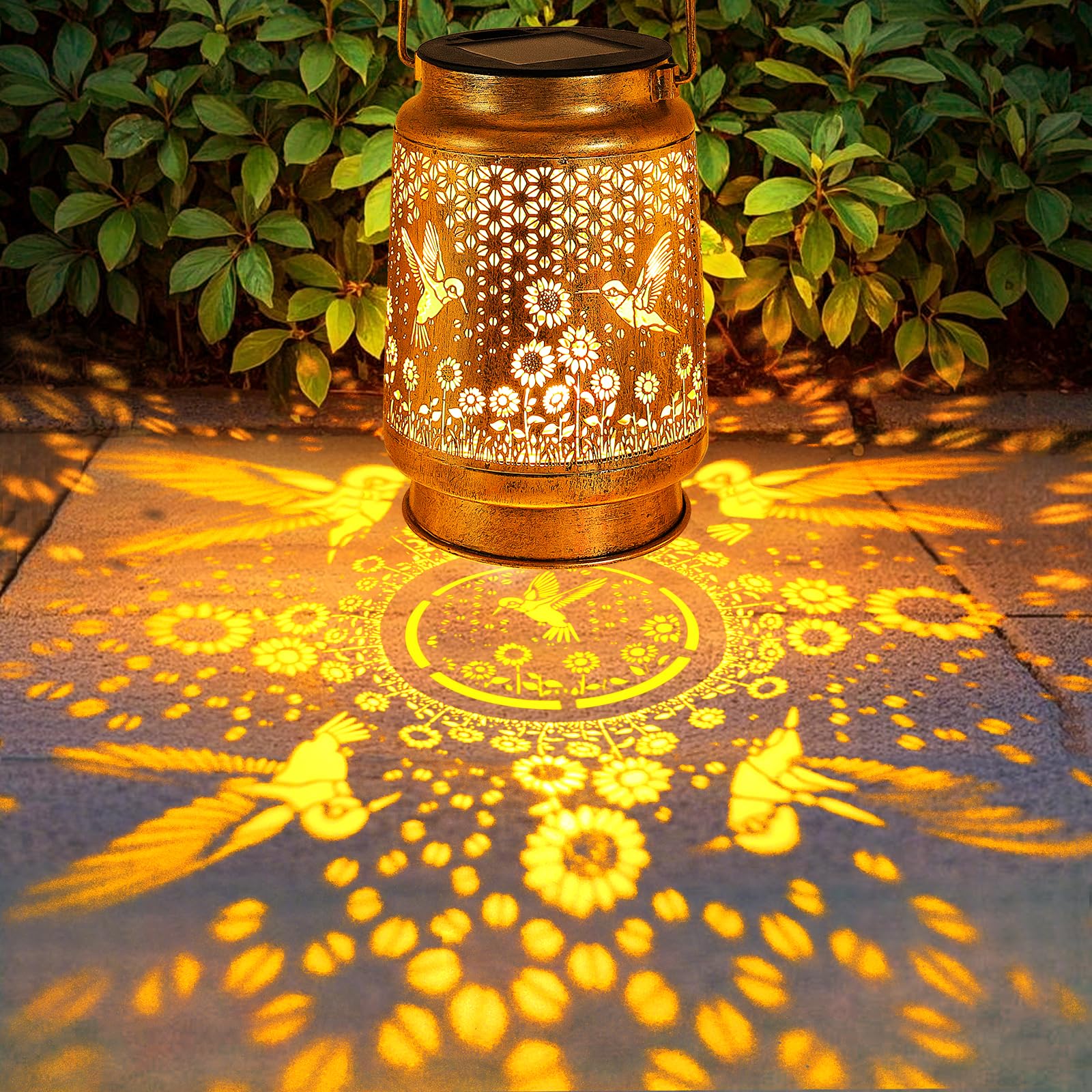Solar Lanterns Outdoor with Shepherd Hook Waterproof Hummingbird Sunflower Garden Decor, LED Hanging Lights Metal Decor for Yard