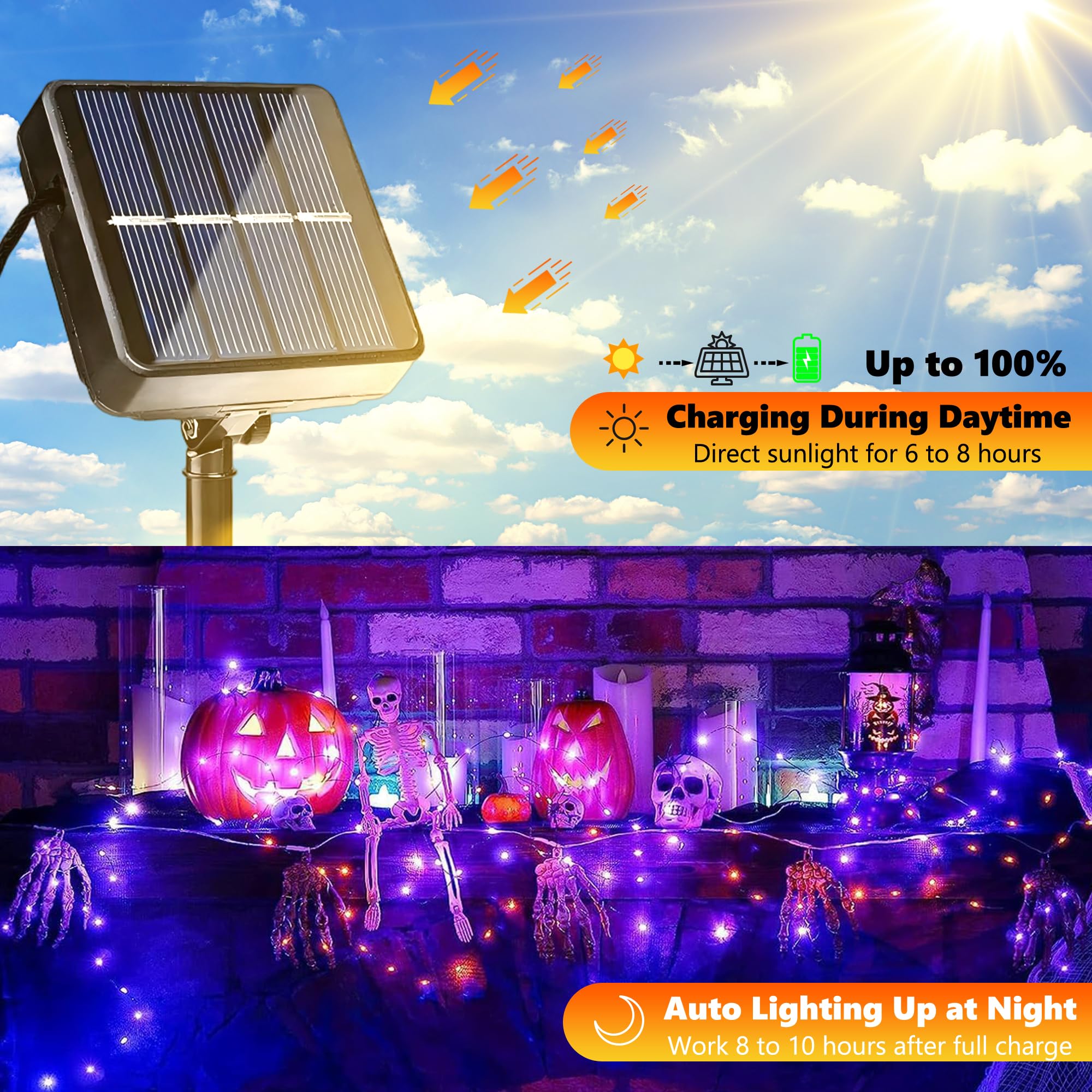 Joomer Solar String Lights - 80FT 240LED Waterproof Fairy Lights - 8 Modes - Orange Purple - Halloween Decor - 2 Pack