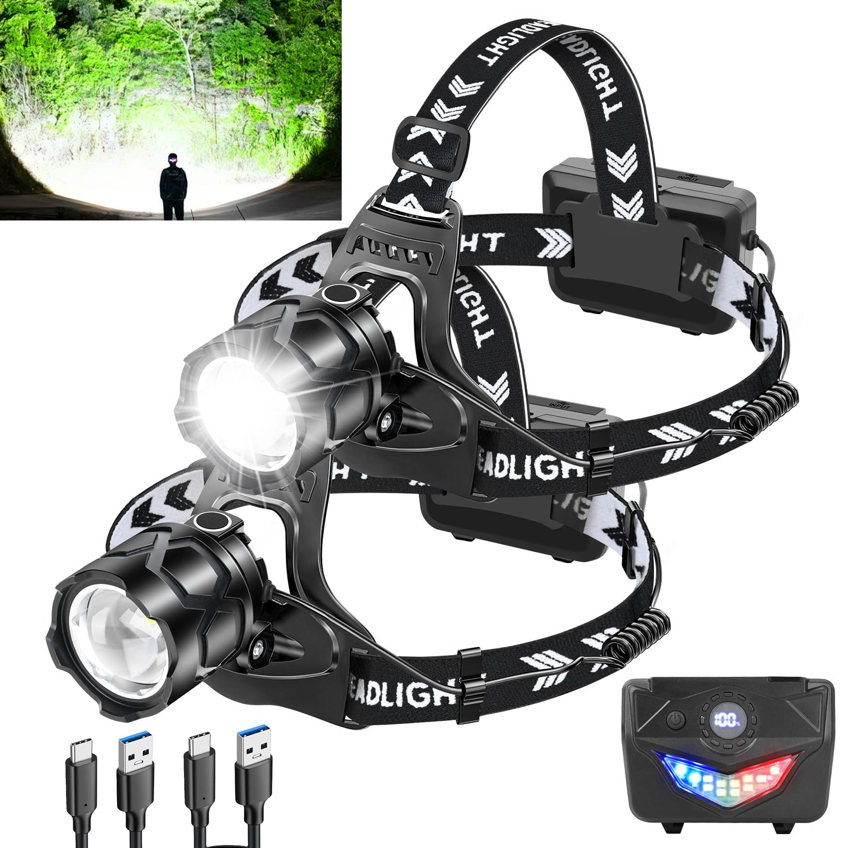 Foleto Rechargeable Led Headlamp, Super Bright Headlight With Motion Sensor, 9 Modes Zoomable Head Lamp, 180Adjustable, Ipx7 Wat