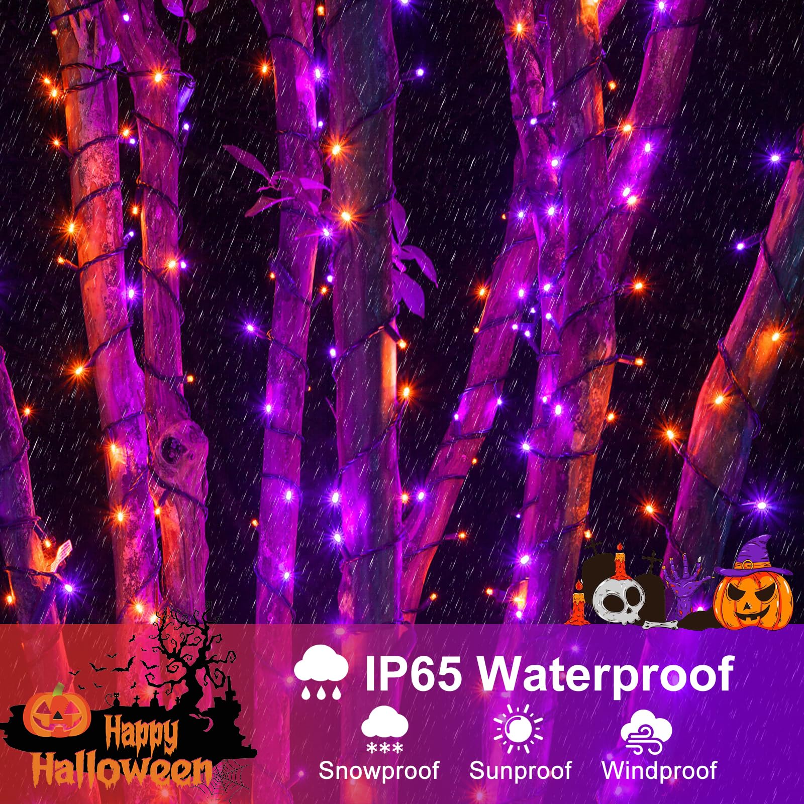 Nielfoi Halloween String Lights, 66FT 200 LED, Waterproof, 8 Modes, Purple Orange, Green Wire for Outdoor Indoor Decorations