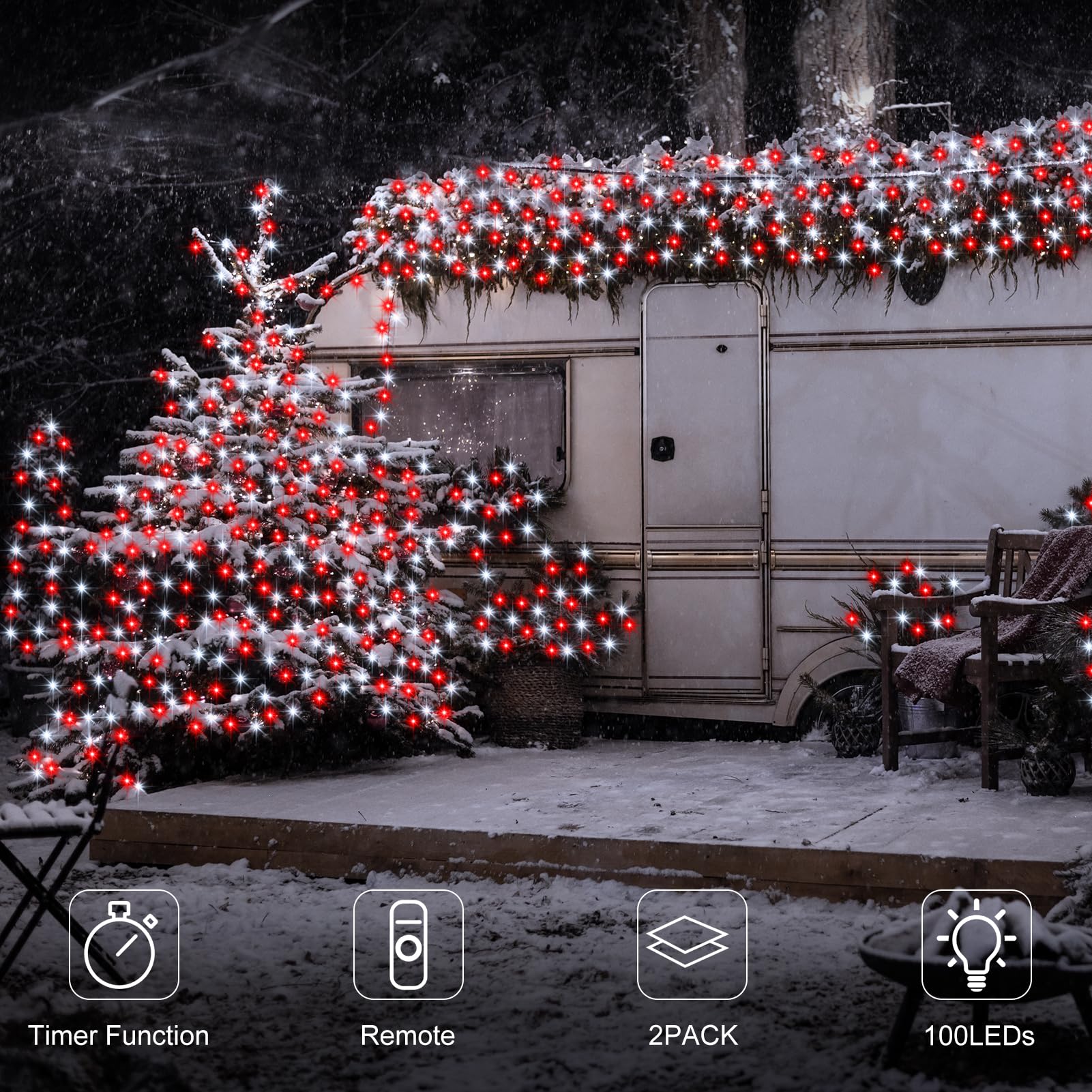 Dbfairy 2Pack Red White Battery Christmas String Lights 32.8Ft 100Leds, Battery Operated Wreath String Lights 8 Modes With Remot