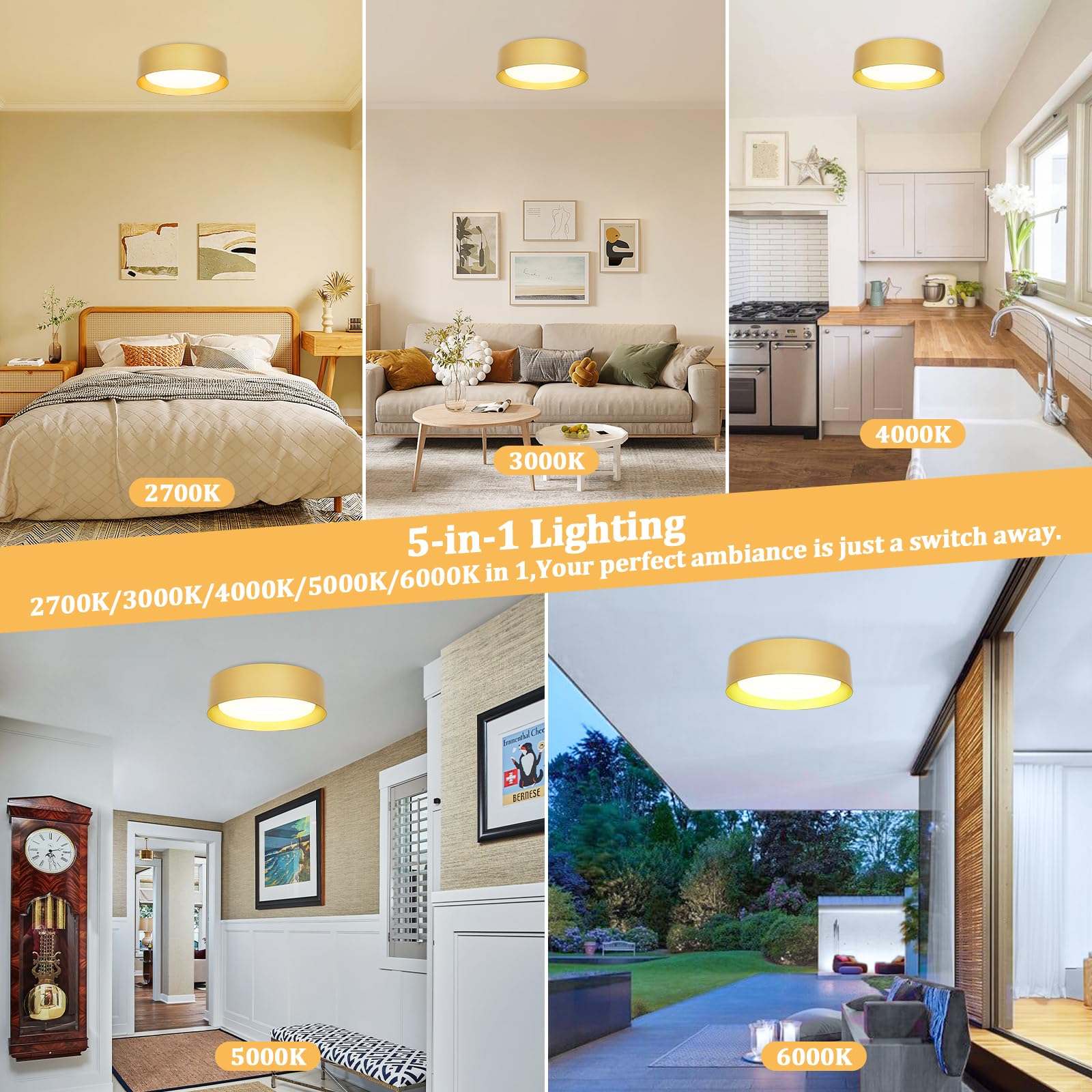 Brighthome Flush Mount Ceiling Light, 13In 2600Lm 25W(300W Equiv), Led Ceiling Light Fixture 5Cct 2700K 3000K 4000K 5000K 6000K,