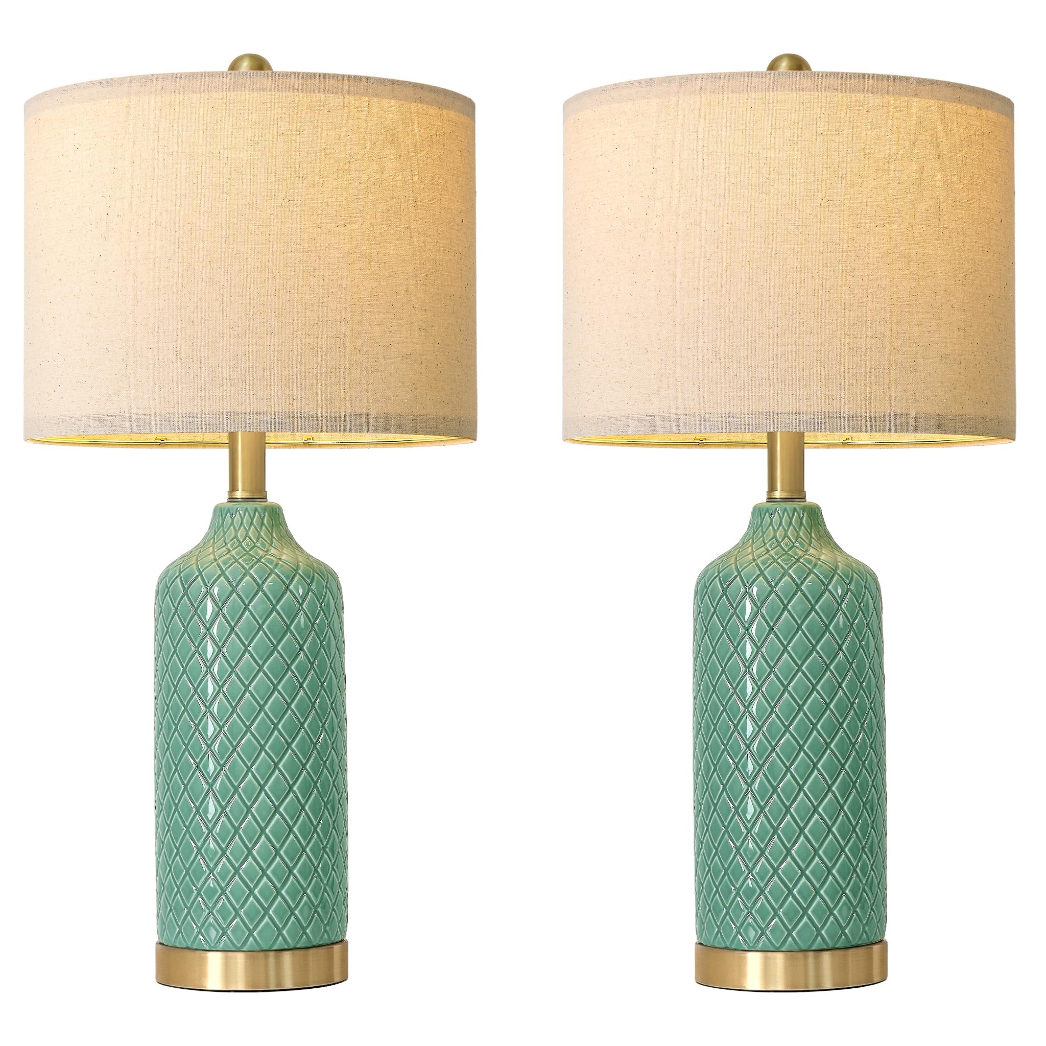 G-Safava24.25 Modern Ceramic Green Table Lamps Set Of 2 For Living Room  Farmhouse  Bedside  Bedroom  Side & End Tables Nightstand Light Home Office Desk Lamps Gifts