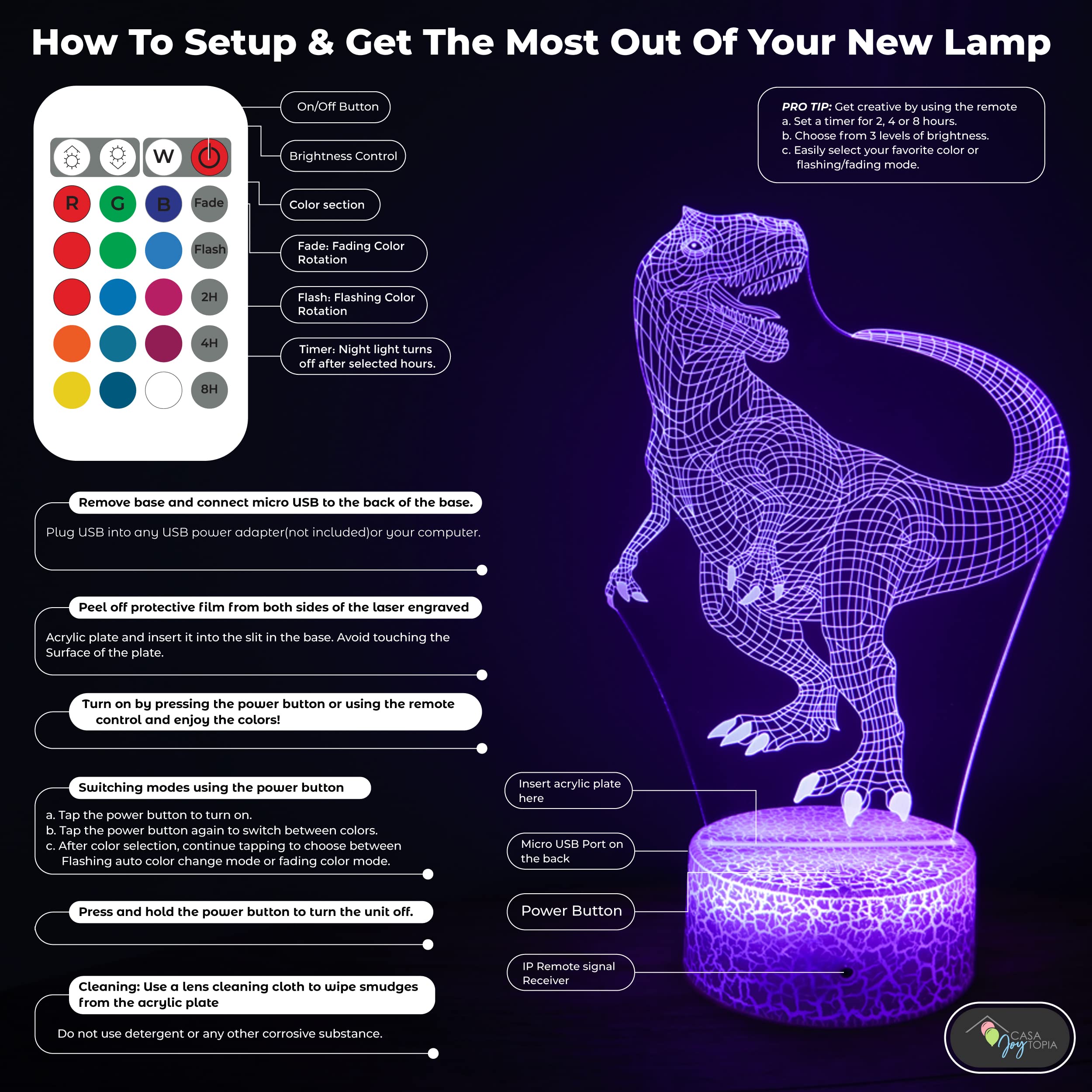 Casa Joytopia Creative 3D Night Light Effect - Night Light For Kids Room - 16 Colors, 2Hr 4Hr 8Hr Timer, Remote, Flashing, Fading, And Dimmer Options (Dinosaur)