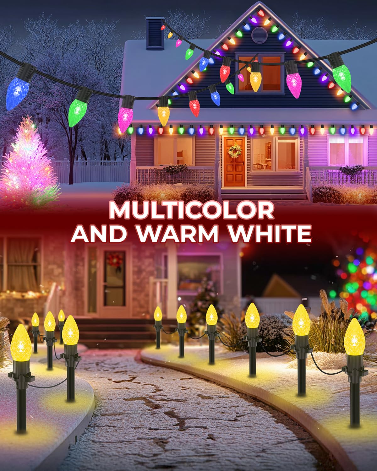 Freecube 50Ft C9 Led Solar Christmas Pathway Lights Outdoor  25 Multicolor Bulbs With 8 Modes & Timer  Waterproof Solar Christmas Stake Lights For Yard Lawn Sidewalk Driveway Outdoor Decorations