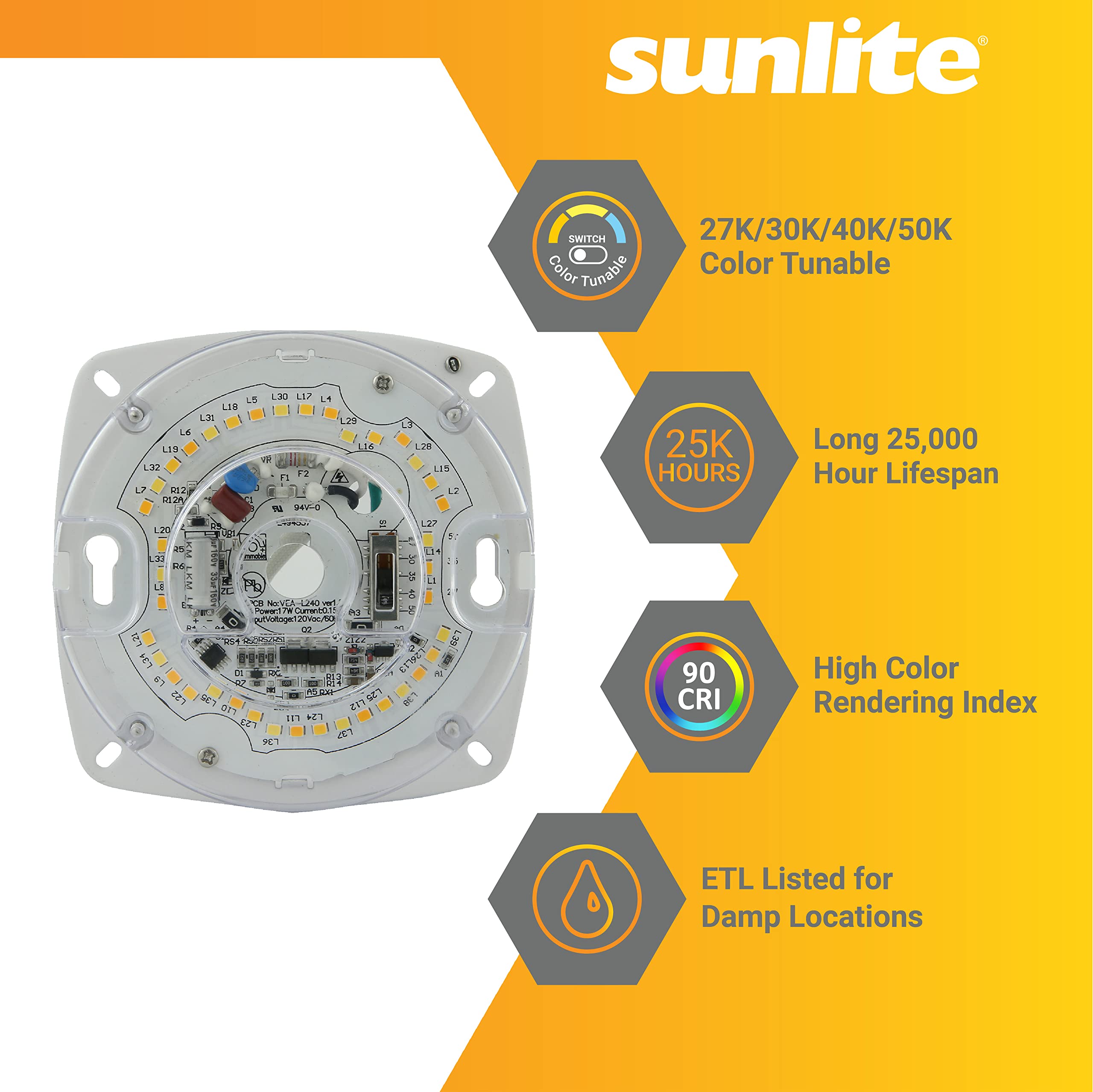 Sunlite Color Temperature Selectable Led Light Engine, 4-Inch, 17 Watts (80W=), 1050 Lumens, 27K/30K/40K/50K Cct, Dimmable, 25,0