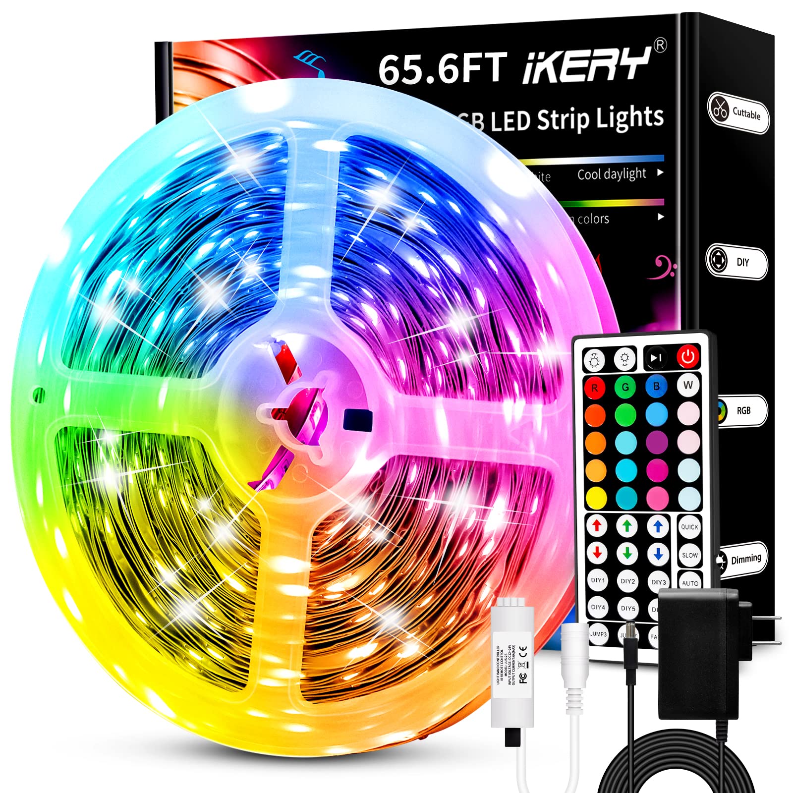 IKERY LED Strip Lights, 65.6ft RGB Color Changing, Cuttable & Dimmable, PVC Material, 44-Key Remote, Ideal for Home & DIY Decor