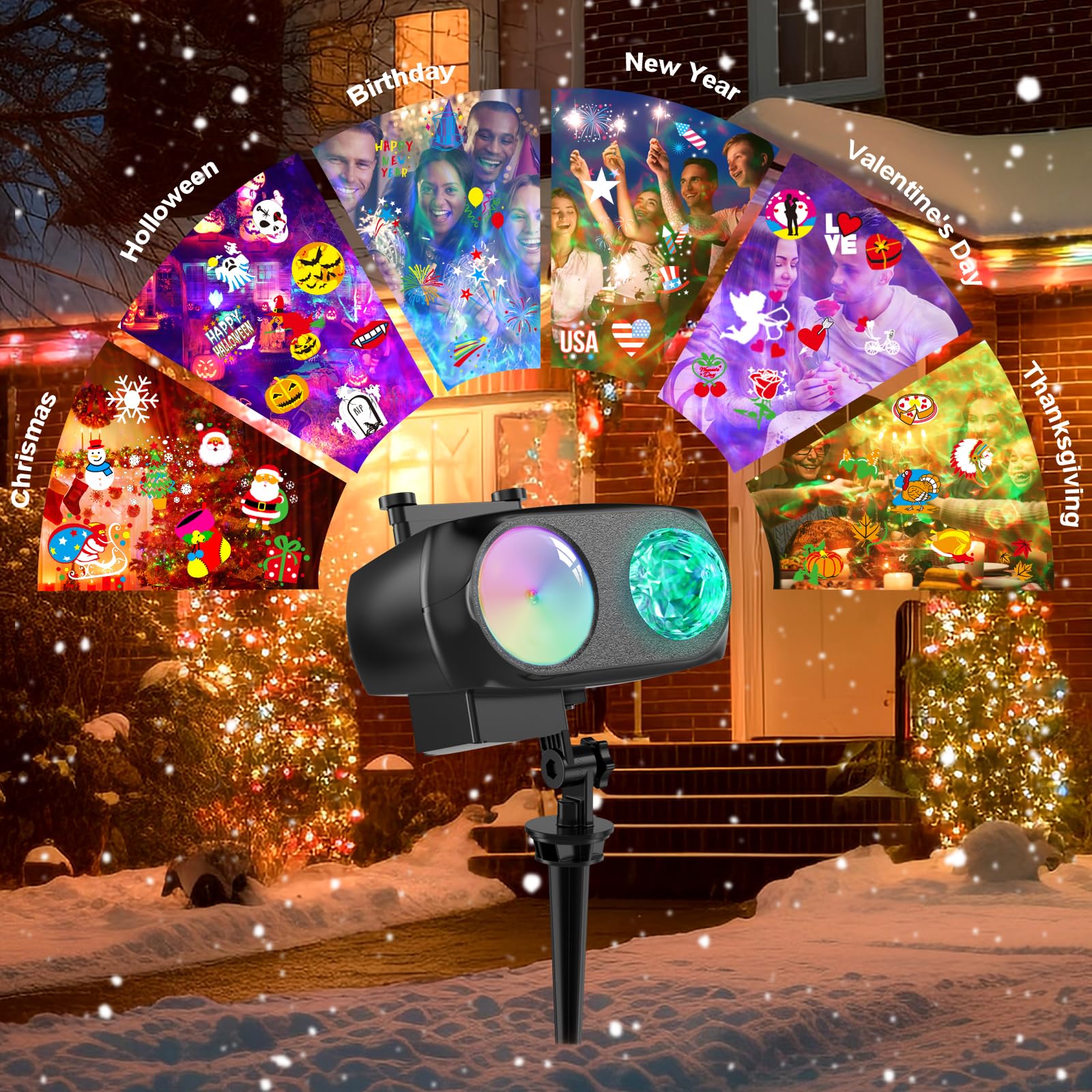 8-Pattern Christmas Projector Lights Outdoor 2-In-1, Holiday Projector Lights Outdoor 26 Effects (Projection Card + 3D Ocean Wav