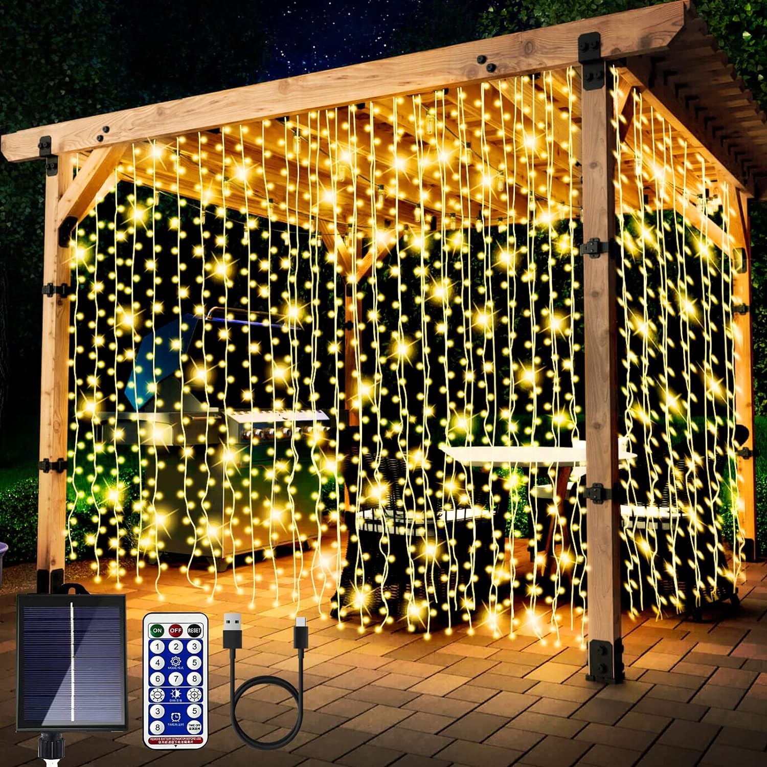 600 LED Solar Curtain Lights Outdoor Remote Control Gazebo 8 Modes Waterproof Waterfall Fairy String Window Wall Hanging Solar P