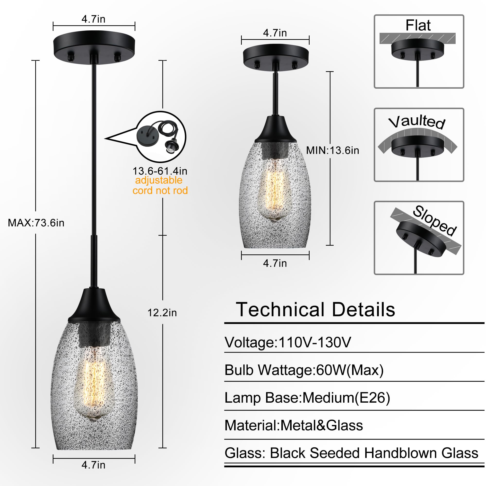 Viinew Mini Glass Pendant Light 3-Pack, 4.72&quot; Handblown Black Seeded Shade, Adjustable Cord