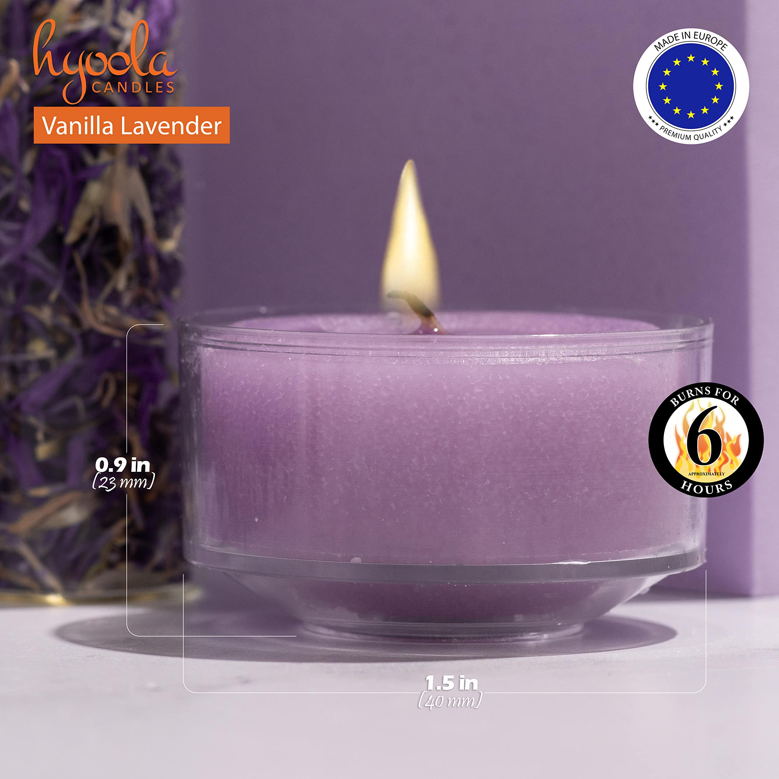 Hyoola Scented Tealight Candles - Clear Cup - Vanilla Lavender Tealight Candles Scented - 6 Hour Burn Time - 15 Pack - European Made