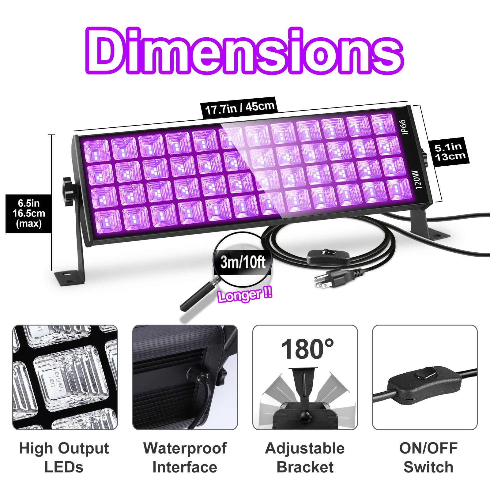 Yiayetog 120W Led Black Light Bar, 10Ft Cord & Switch, Aluminum Shell, Ip66 Waterproof Black Lights For Large Space, Glow Party, Halloween, Body Paint, Yard, 3 Pack