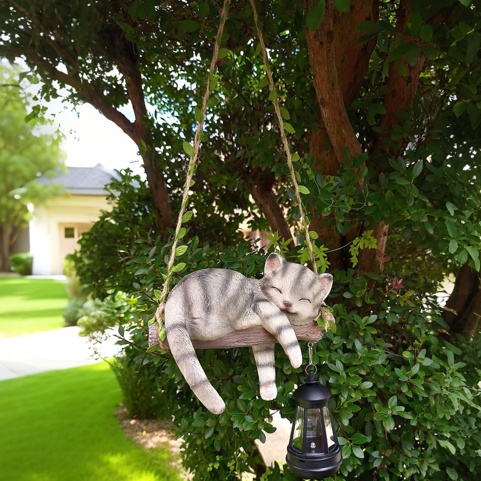 ZaaYee Solar Lighted Garden Statue - 22.6" Resin Cat with Lantern, Gray, Model LIECAT, Outdoor Hanging Decoration