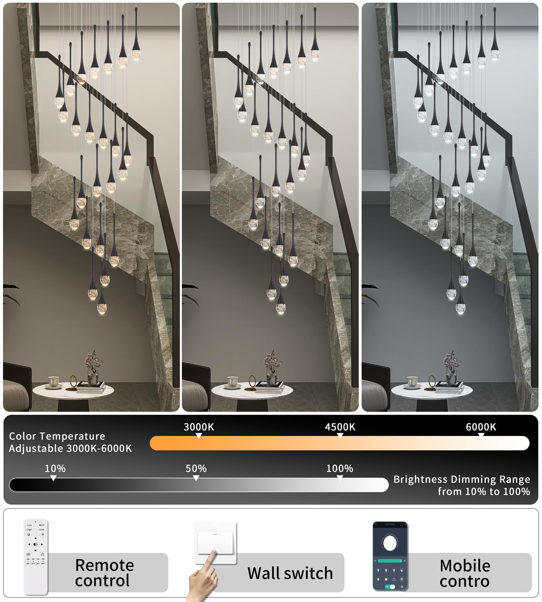 Upfelw Modern Crystal Staircase Chandelier, 24 Lights, Black Metal, H138'' Dimmable LED, Model UCC-B24-0436, Remote Control