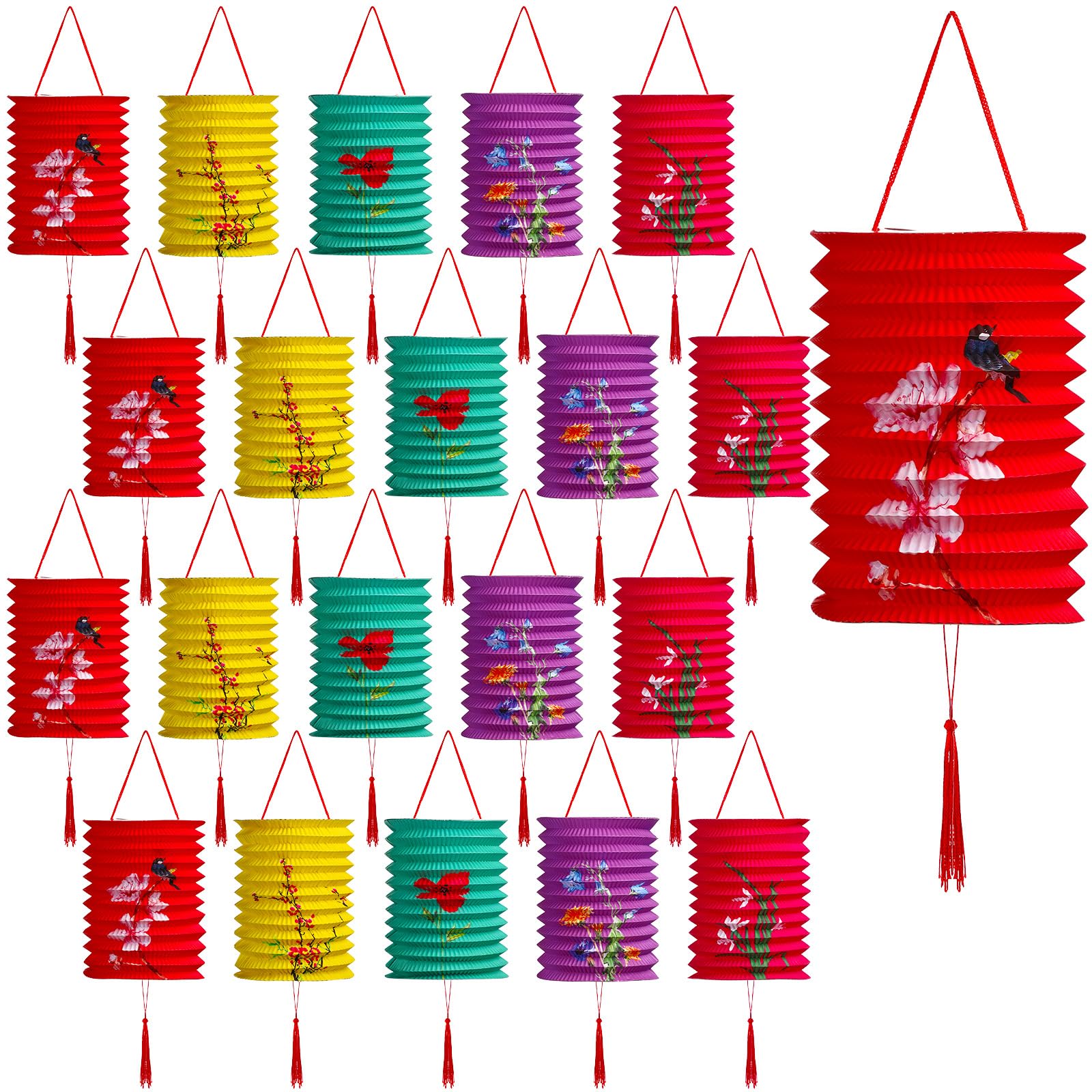 Tuanse 20 Pcs Chinese Paper Lanterns Multicolor Flower Pattern and Bird Pattern Hanging Colorful Japanese Lanterns for Chinese M