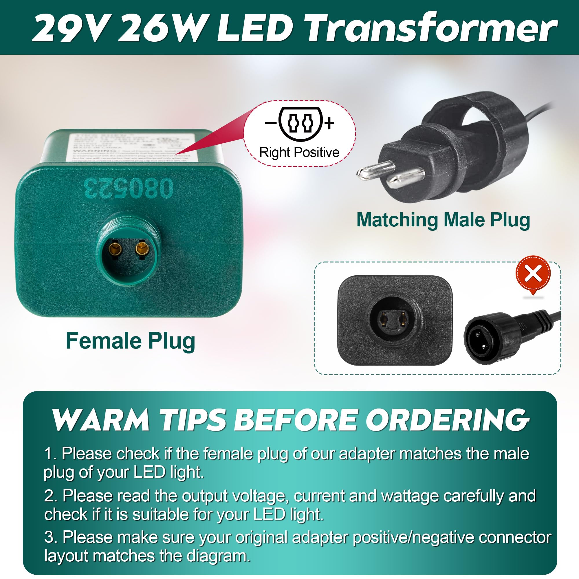 Enhon 29V LED Power Supply, UL Certified Plastic Transformer Adapter, Green, Model TS-26WL29V for Christmas Tree Lights
