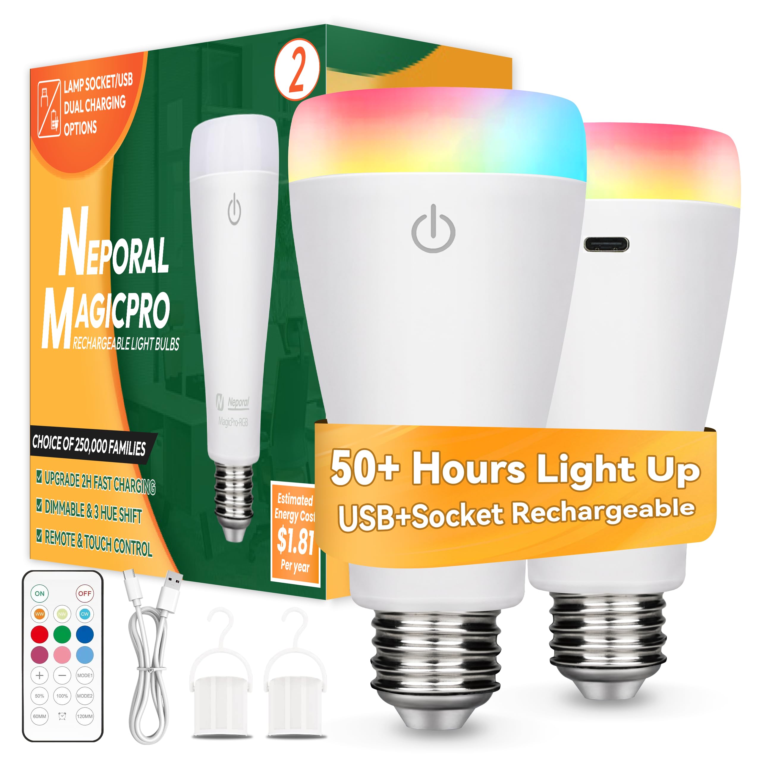Neporal Magixpro Smart Rechargeable Light Bulbs With Remote, Usb+Socket Rechargeable Battery Operated Light Bulb For Lamp And Sc