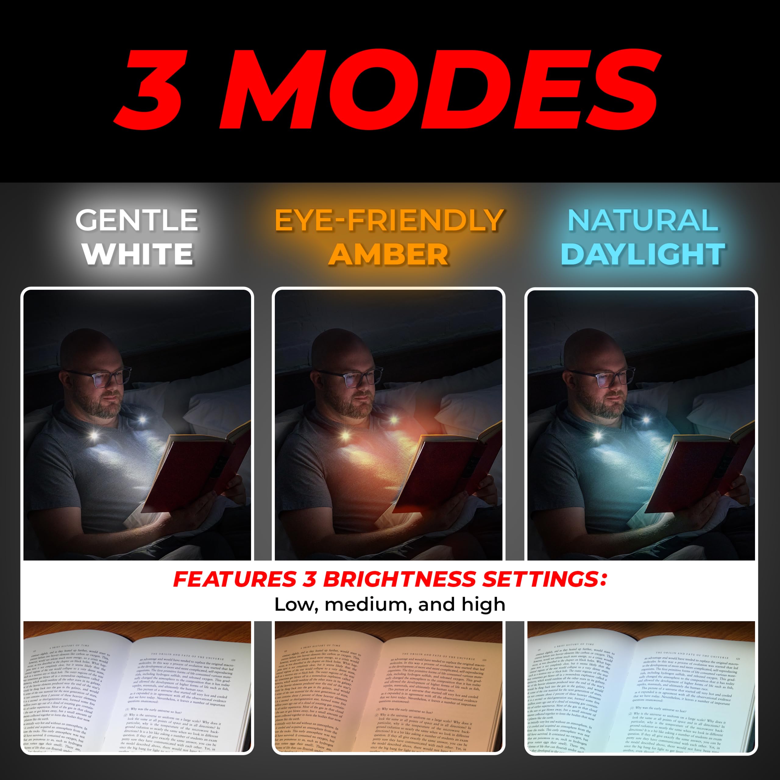 GearLight Hands-Free Rechargeable Book Light - Adjustable LED Lamp, 3 Light Modes, Gray, 1-Pack, Model GLT-TOH-BOOKLIGHT