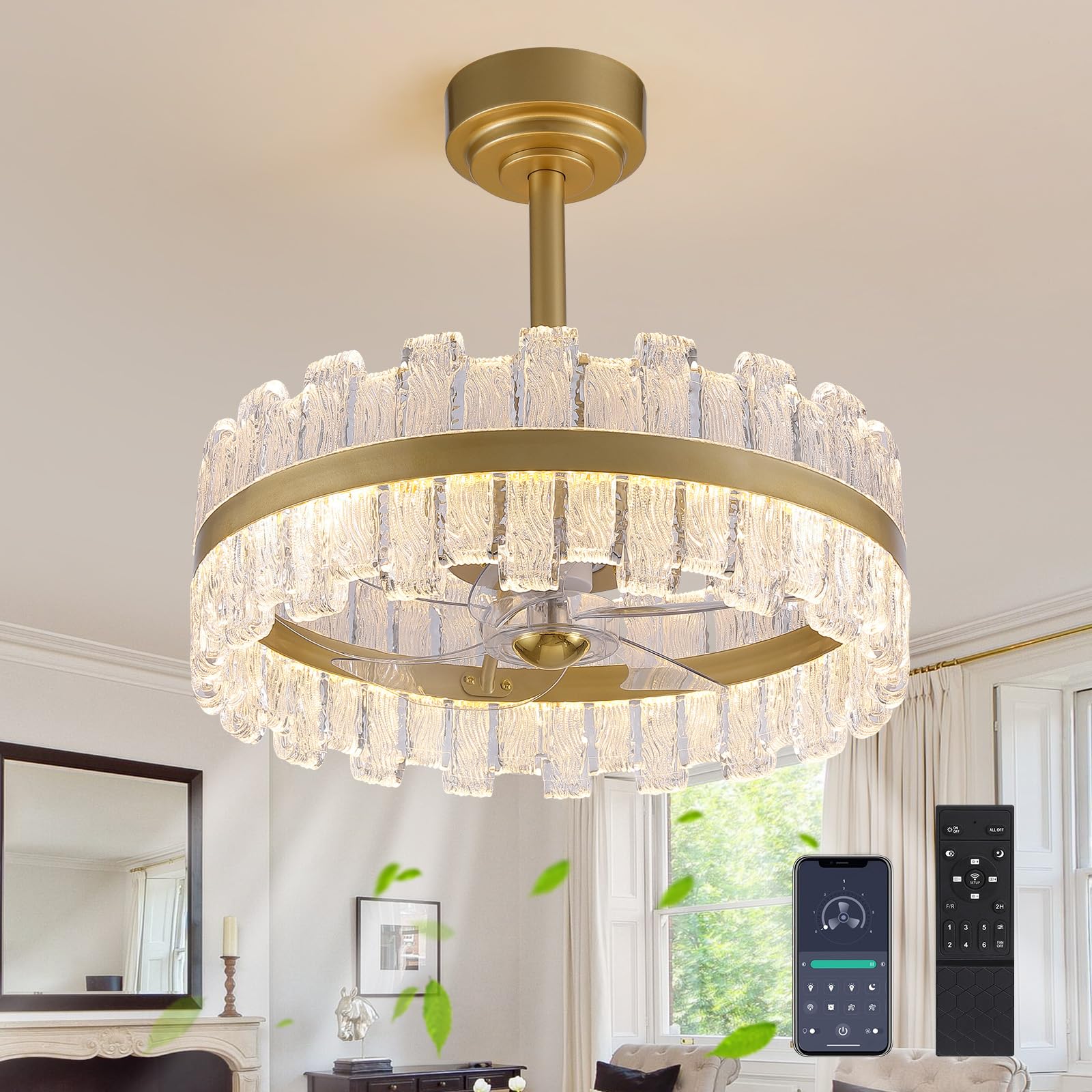 CROSSIO 20 Gold Caged Ceiling Fan with Light, Modern Water Ripple Acrylic LED Chandelier Ceiling Fan with Lights and Remote Co