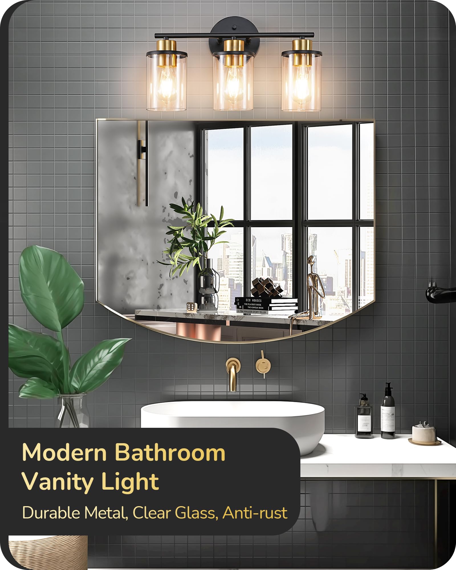EDISHINE 3-Light Bathroom Vanity Light Fixture, Metal, Black and Gold, Model HHVL04H, Clear Glass Shade